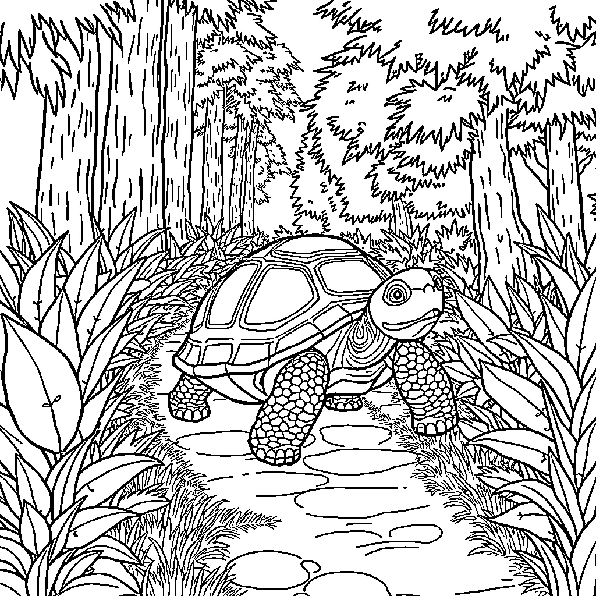 Tortoise exploring the lush forest Coloring Page (free black-and-white line drawing printable PDF for all, from beginners to advanced learners, including children, teens, adults, and seniors)