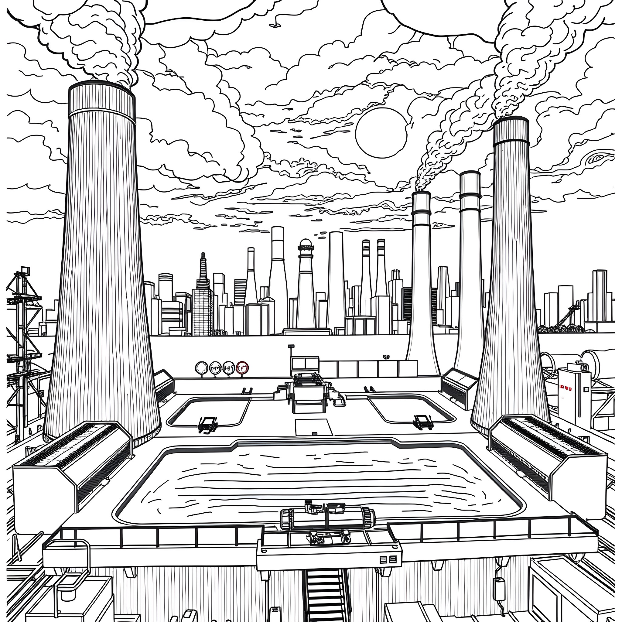 Pigeon's view of a futuristic industrial city Coloring Page (free black-and-white line drawing printable PDF for all, from beginners to advanced learners, including children, teens, adults, and seniors)