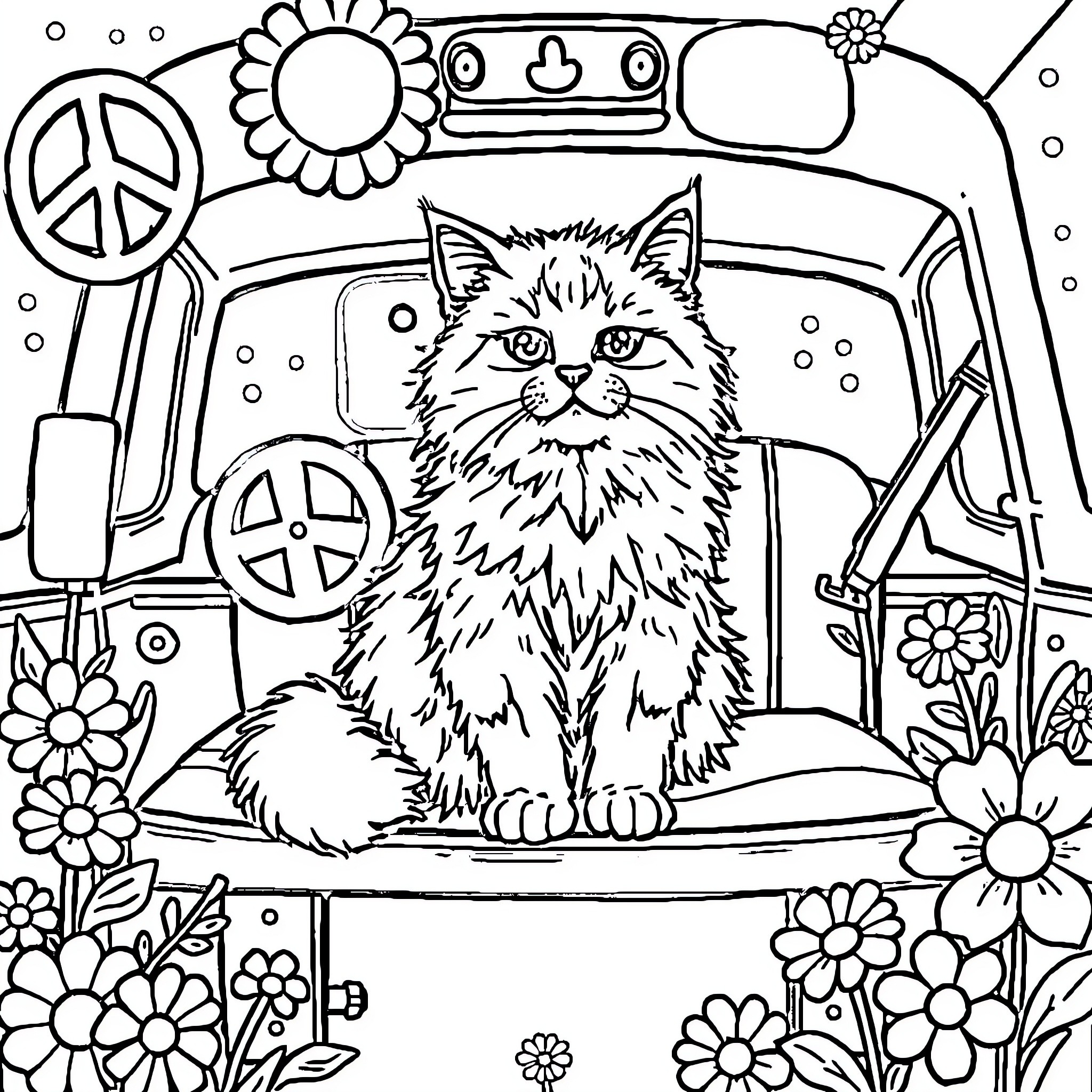 Cat in a colorful, psychedelic van Coloring Page (free black-and-white line drawing printable PDF for all, from beginners to advanced learners, including children, teens, adults, and seniors)