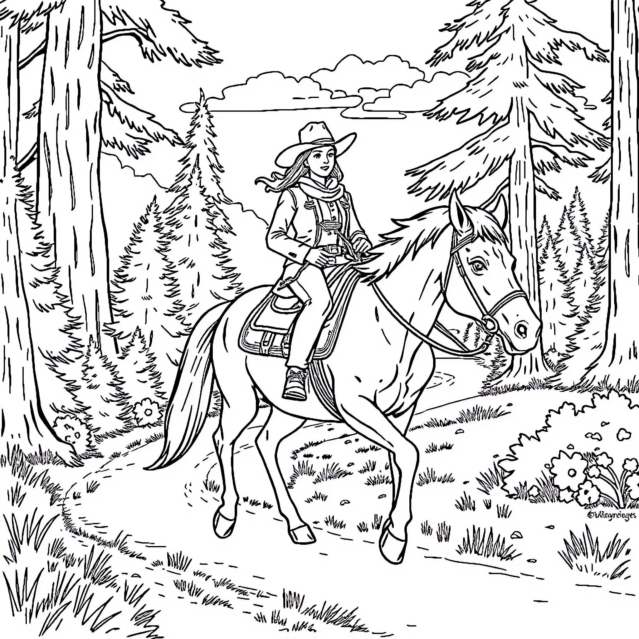 Horseback Riding Through the Scenic Forest Coloring Page (free black-and-white line drawing printable PDF for all, from beginners to advanced learners, including children, teens, adults, and seniors)