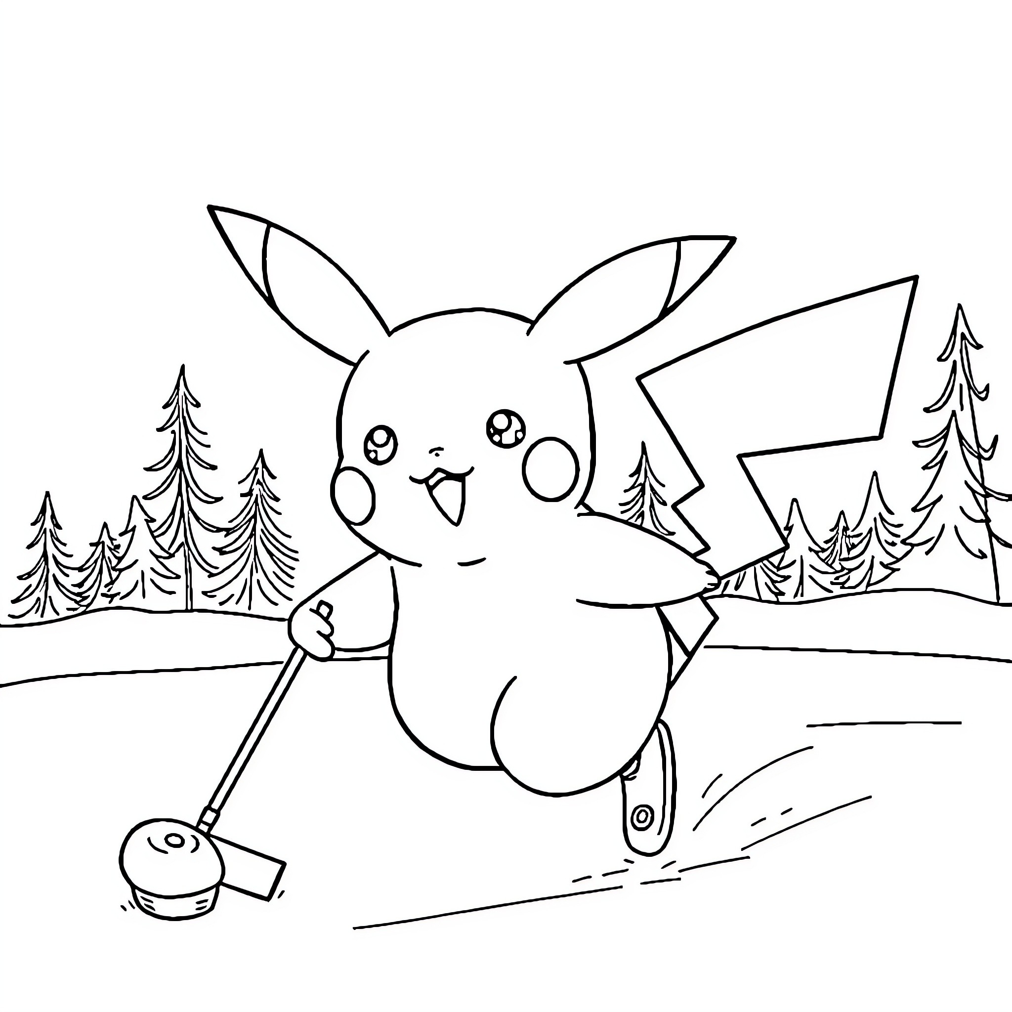 Pikachu exploring the forest with fishing pole Coloring Page (free black-and-white line drawing printable PDF for all, from beginners to advanced learners, including children, teens, adults, and seniors)