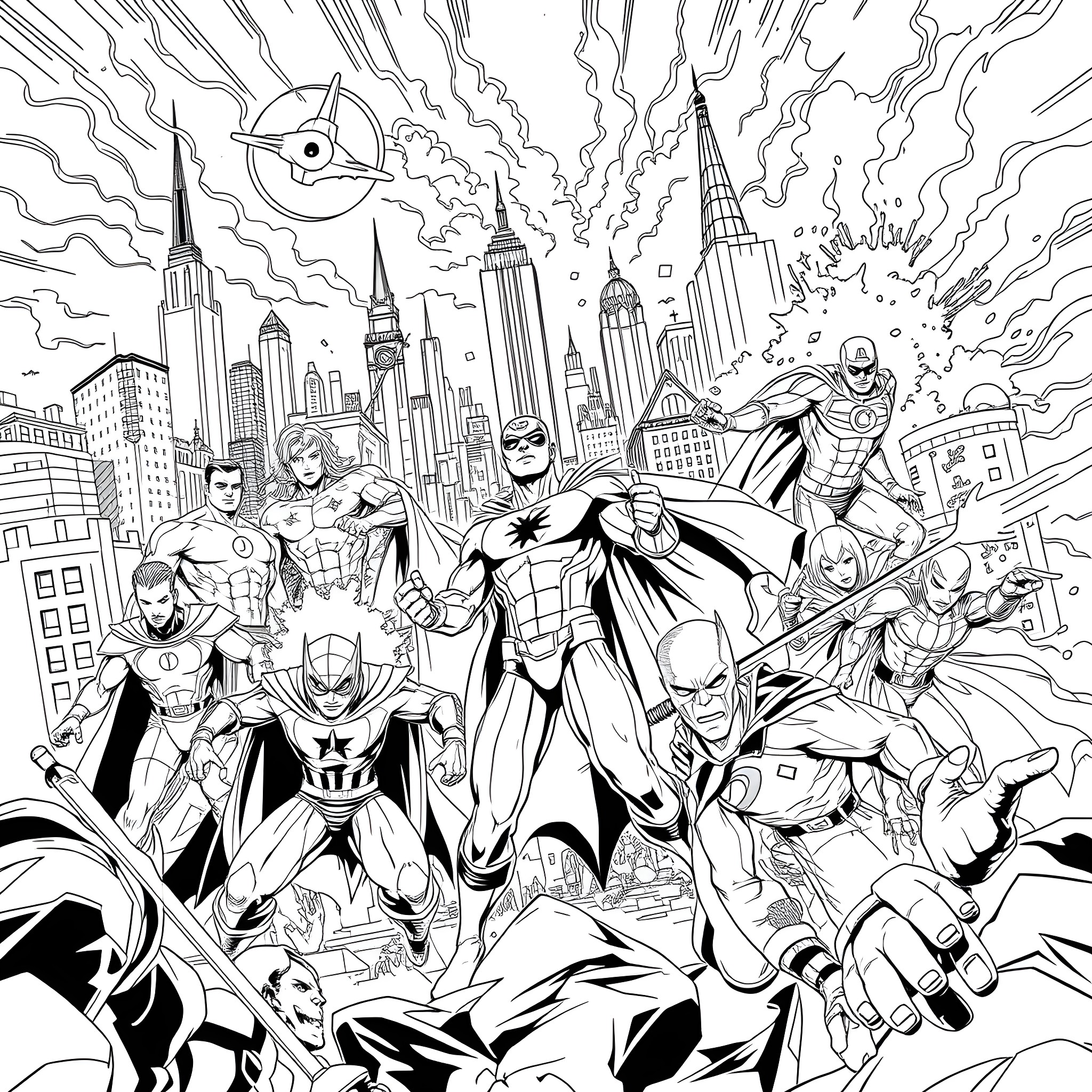 Marvel Heroes Saving the City Coloring Page (free black-and-white line drawing printable PDF for all, from beginners to advanced learners, including children, teens, adults, and seniors)