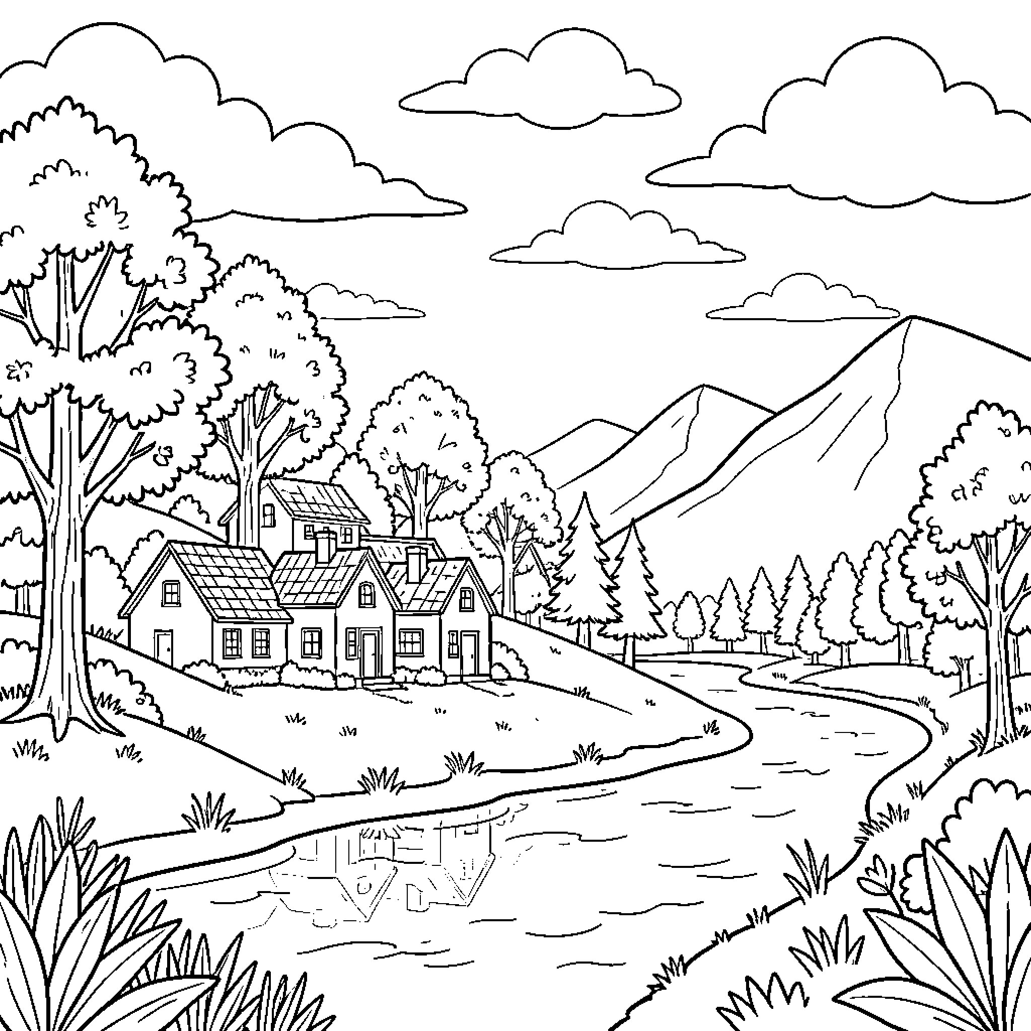 Tree landscape with houses, mountains, and clouds Coloring Page (free black-and-white line drawing printable PDF for all, from beginners to advanced learners, including children, teens, adults, and seniors)