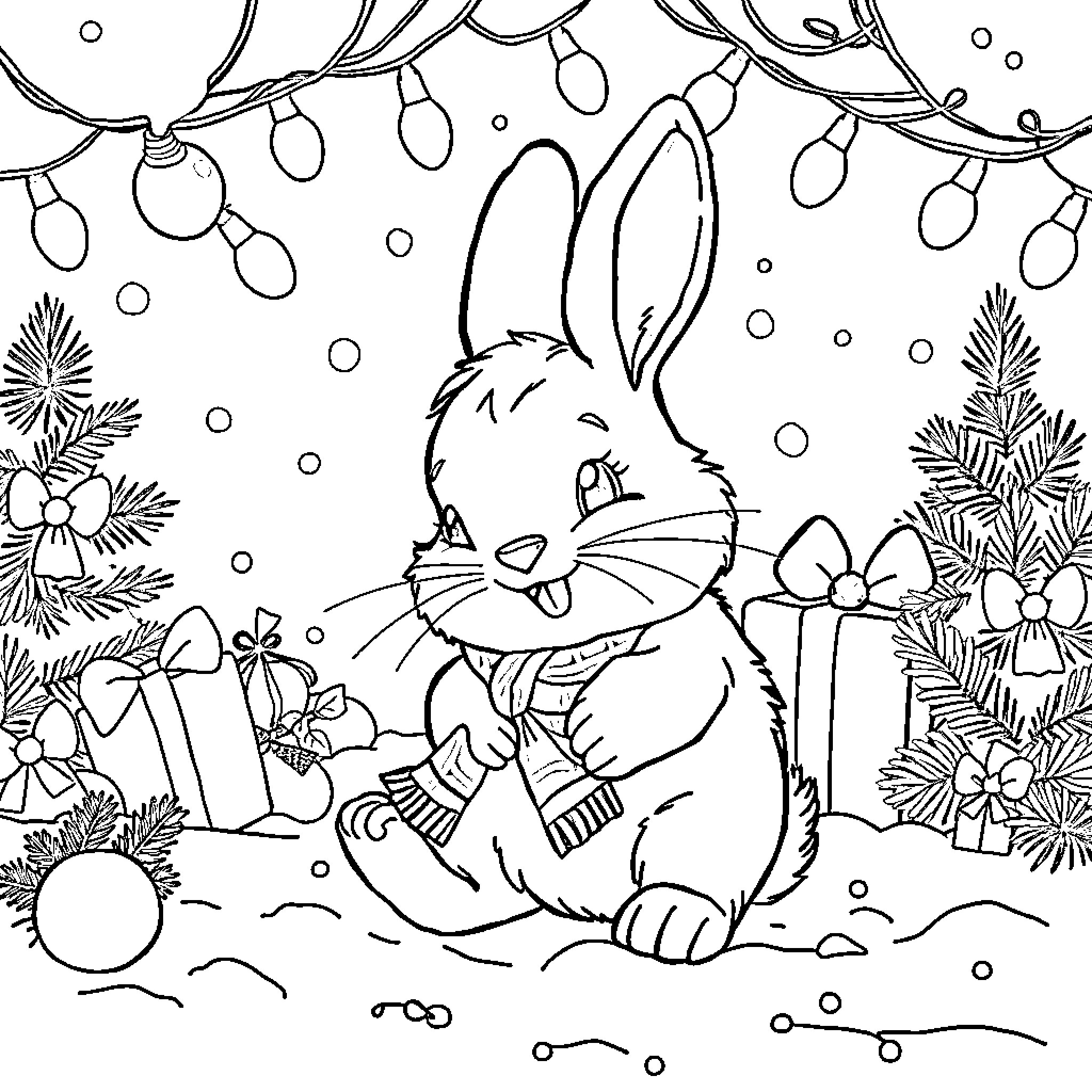 Bunny enjoying the holiday scene with gifts and lights Coloring Page (free black-and-white line drawing printable PDF for all, from beginners to advanced learners, including children, teens, adults, and seniors)