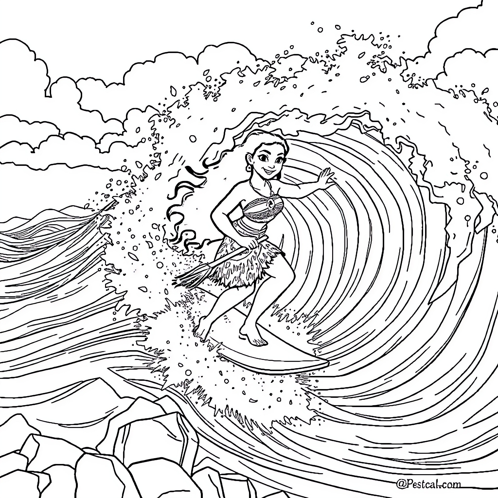 Moana riding the ocean waves with determination Coloring Page (free black-and-white line drawing printable PDF for all, from beginners to advanced learners, including children, teens, adults, and seniors)