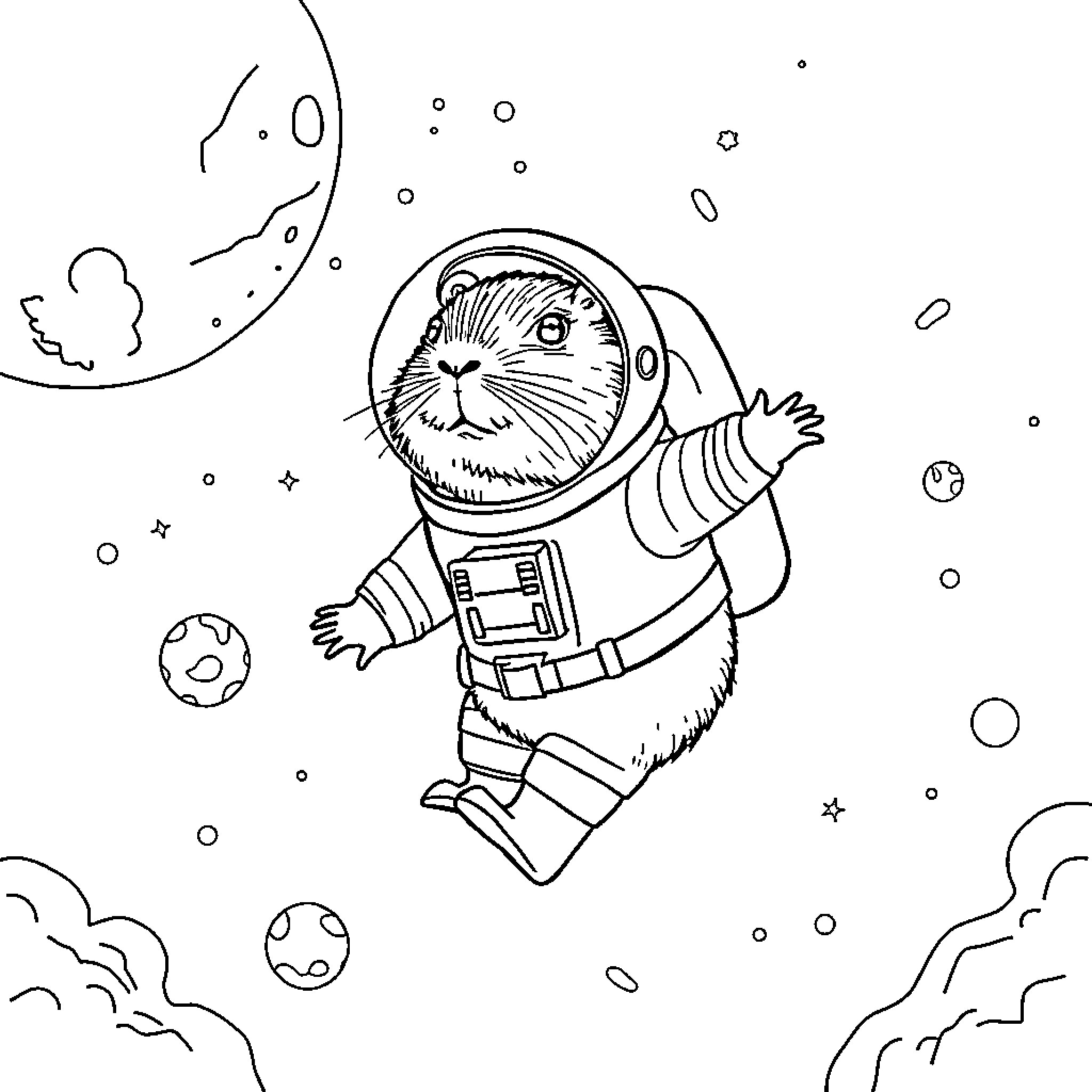 Capybara astronaut exploring the galaxy Coloring Page (free black-and-white line drawing printable PDF for all, from beginners to advanced learners, including children, teens, adults, and seniors)