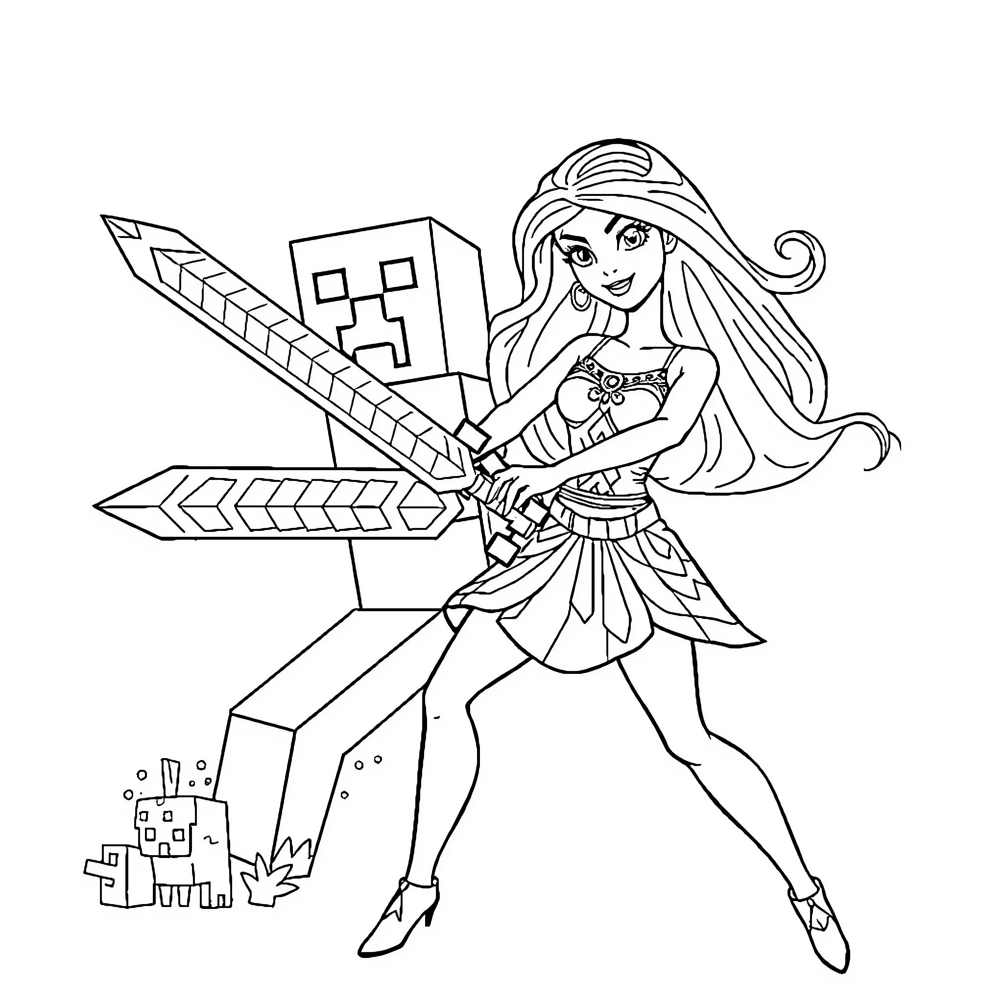Barbie in warrior gear wielding weapons Coloring Page (free black-and-white line drawing printable PDF for all, from beginners to advanced learners, including children, teens, adults, and seniors)