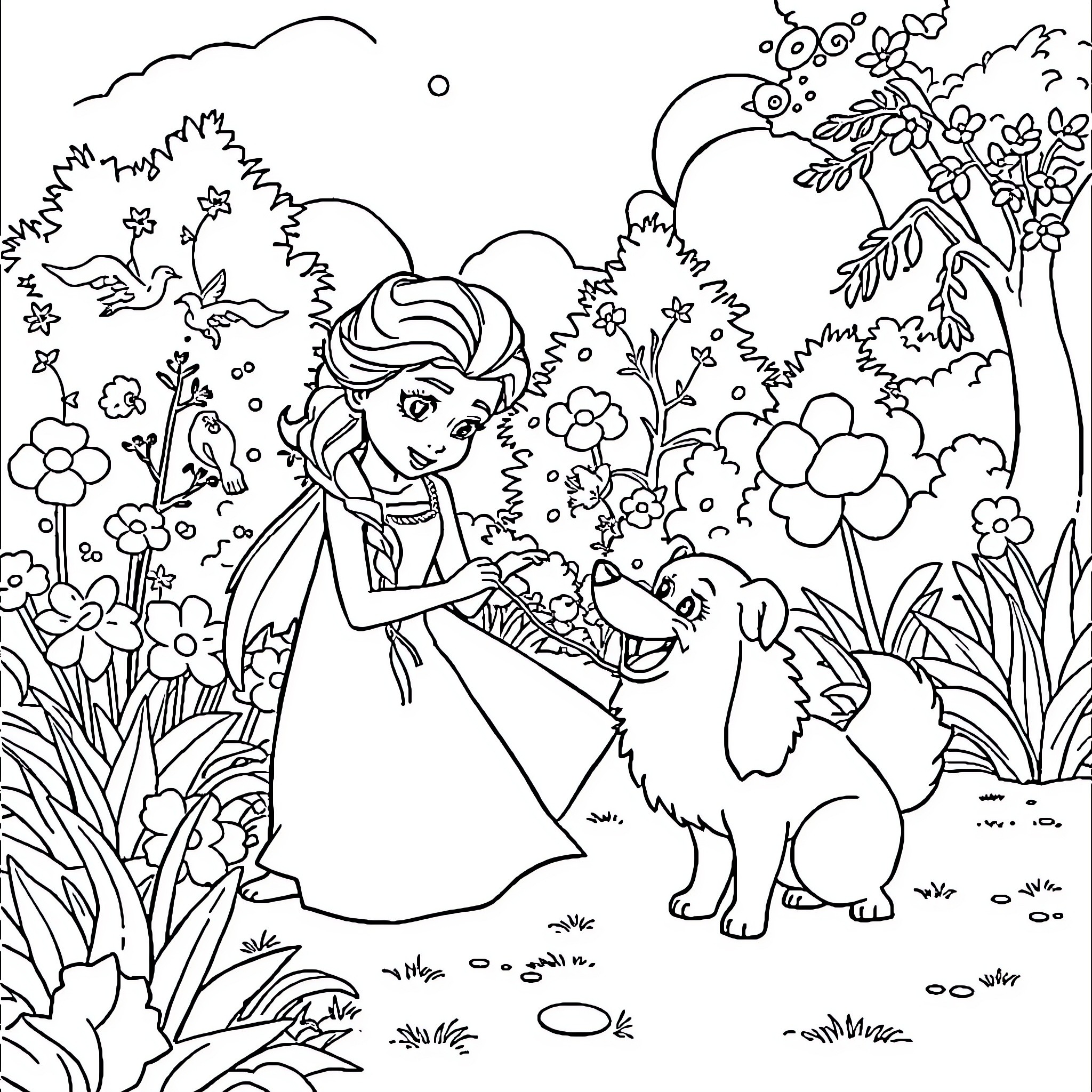 Elsa enjoying a stroll with her loyal companion in a magical floral wonderland Coloring Page (free black-and-white line drawing printable PDF for all, from beginners to advanced learners, including children, teens, adults, and seniors)