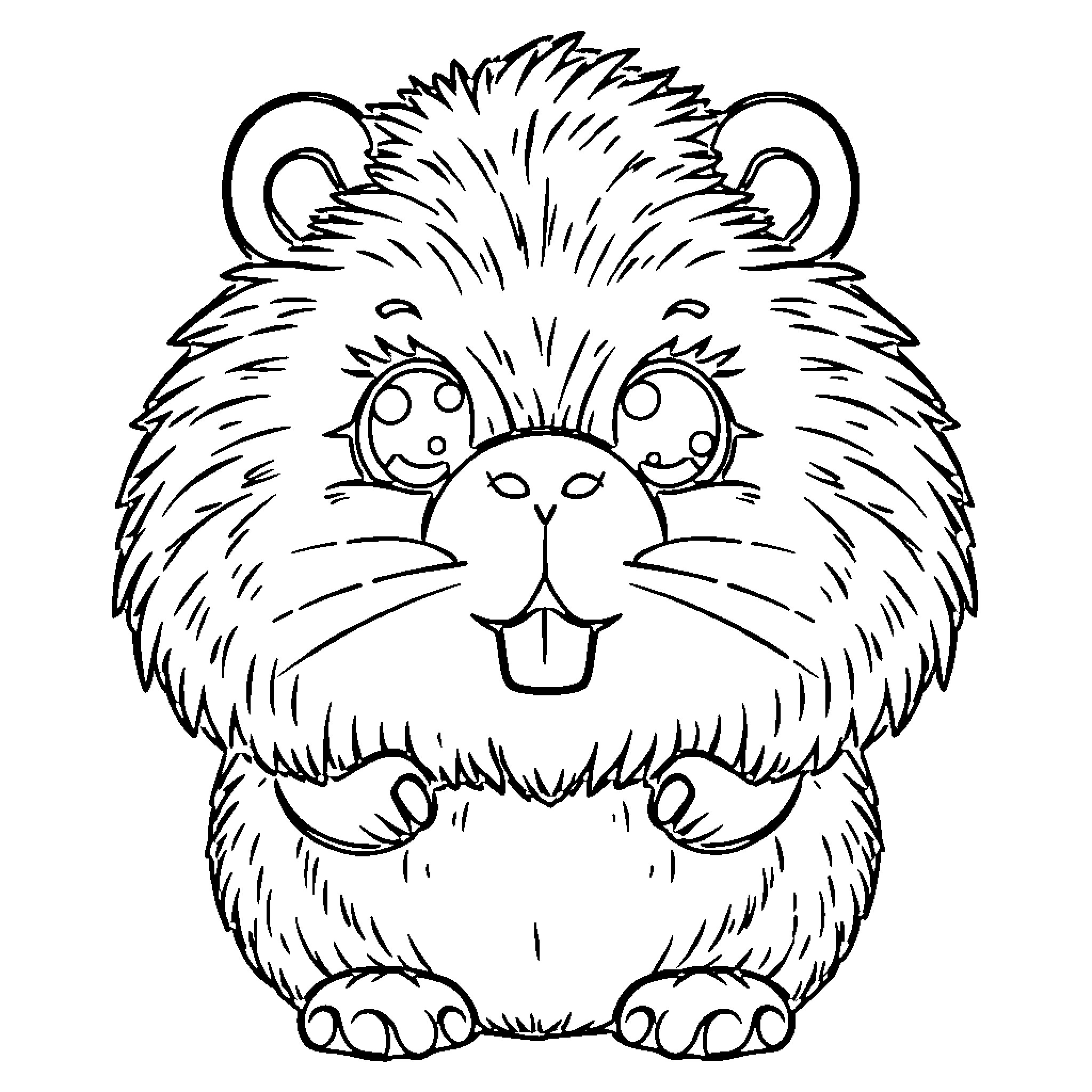 Capibara with big eyes and fluffy fur Coloring Page (free black-and-white line drawing printable PDF for all, from beginners to advanced learners, including children, teens, adults, and seniors)