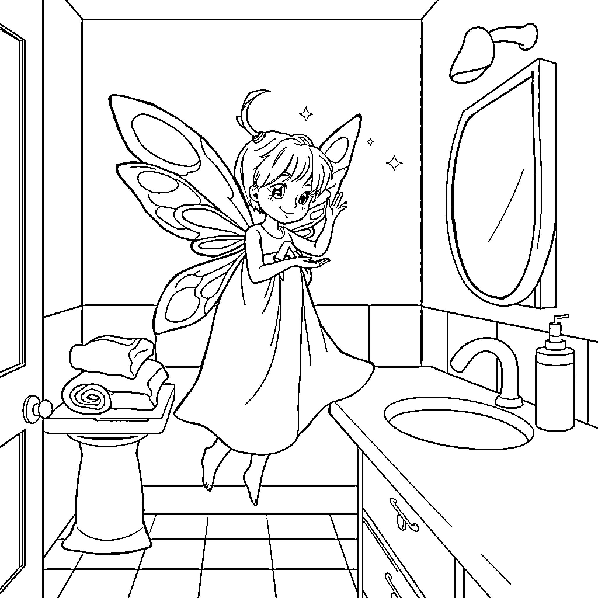 Fairy brushing her hair in the bathroom Coloring Page (free black-and-white line drawing printable PDF for all, from beginners to advanced learners, including children, teens, adults, and seniors)
