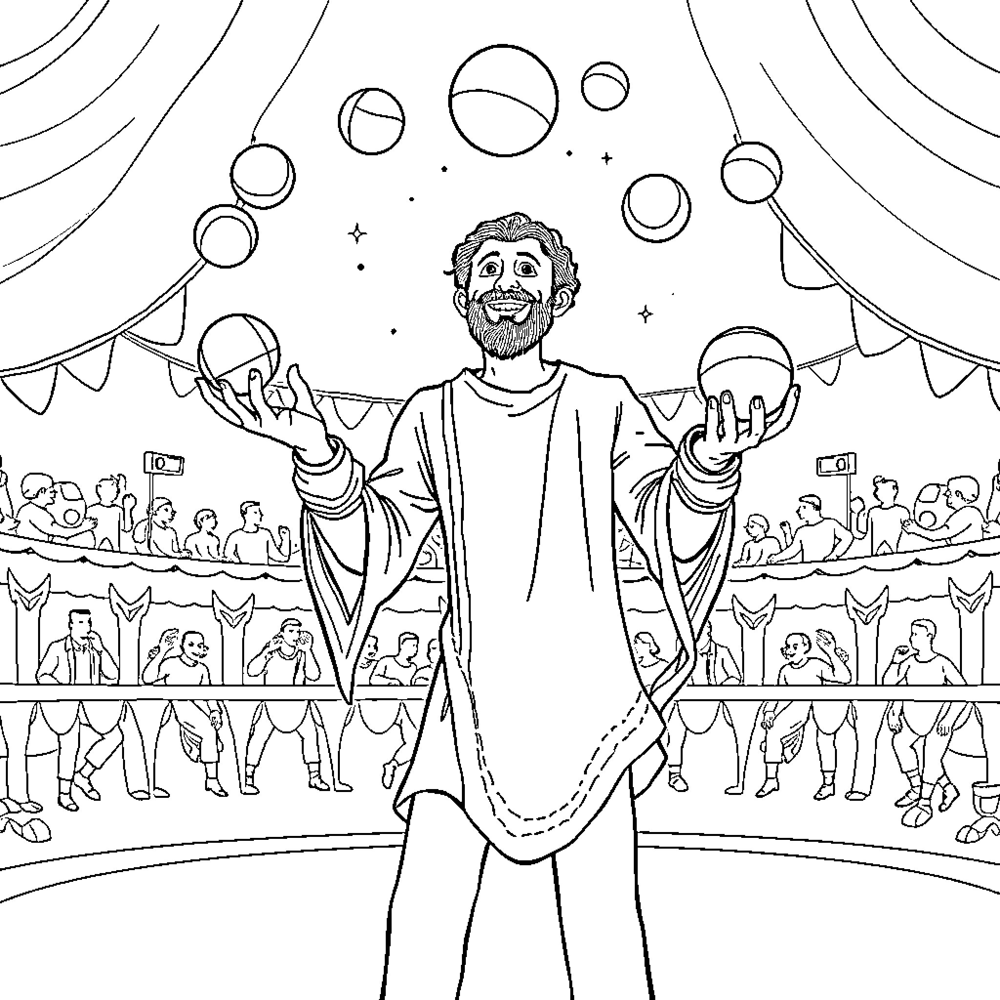 Mo Salah performing tricks on a circus stage Coloring Page (free black-and-white line drawing printable PDF for all, from beginners to advanced learners, including children, teens, adults, and seniors)