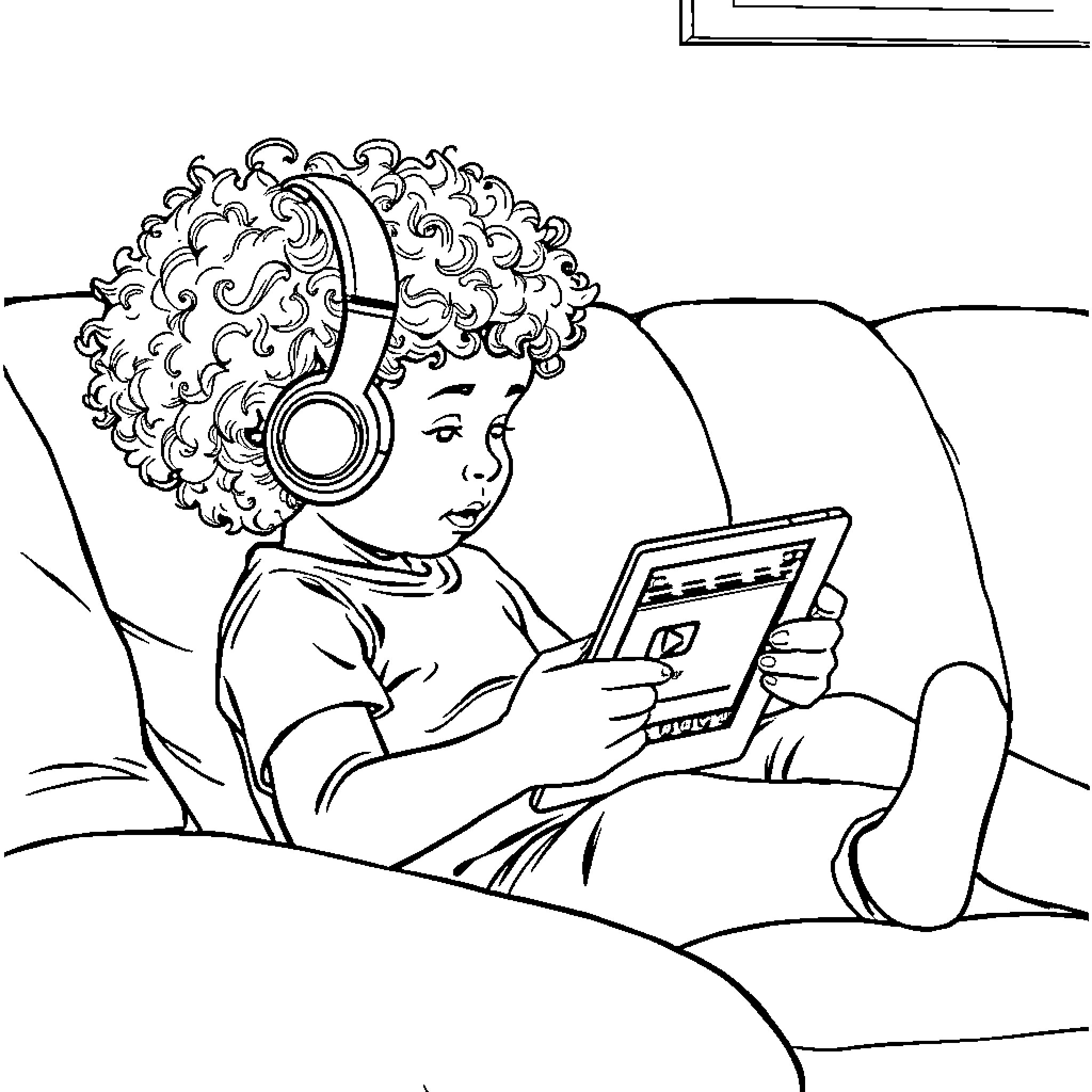 Child listening to music on digital device Coloring Page (free black-and-white line drawing printable PDF for all, from beginners to advanced learners, including children, teens, adults, and seniors)