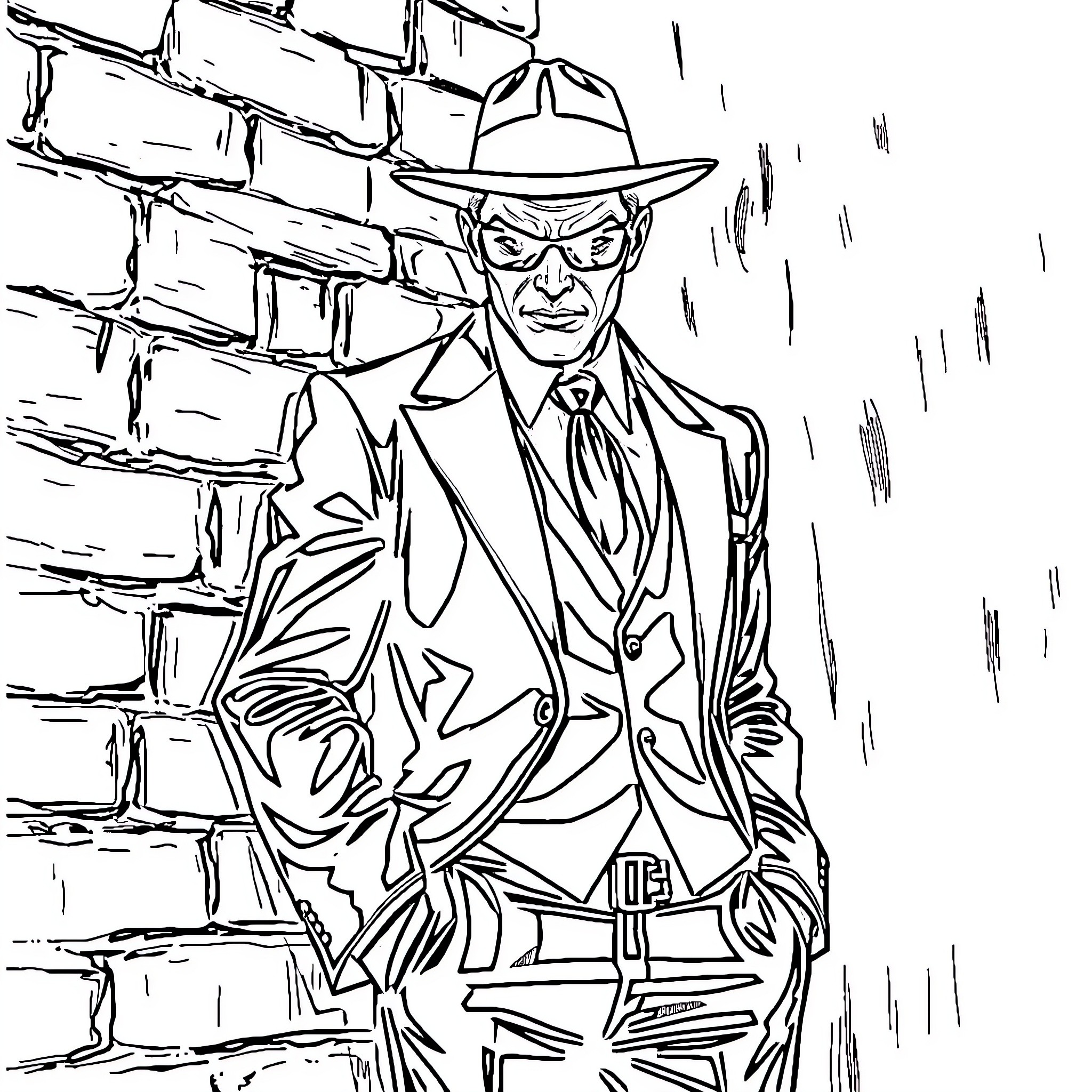 Gangster in the dark alley with a determined expression Coloring Page (free black-and-white line drawing printable PDF for all, from beginners to advanced learners, including children, teens, adults, and seniors)