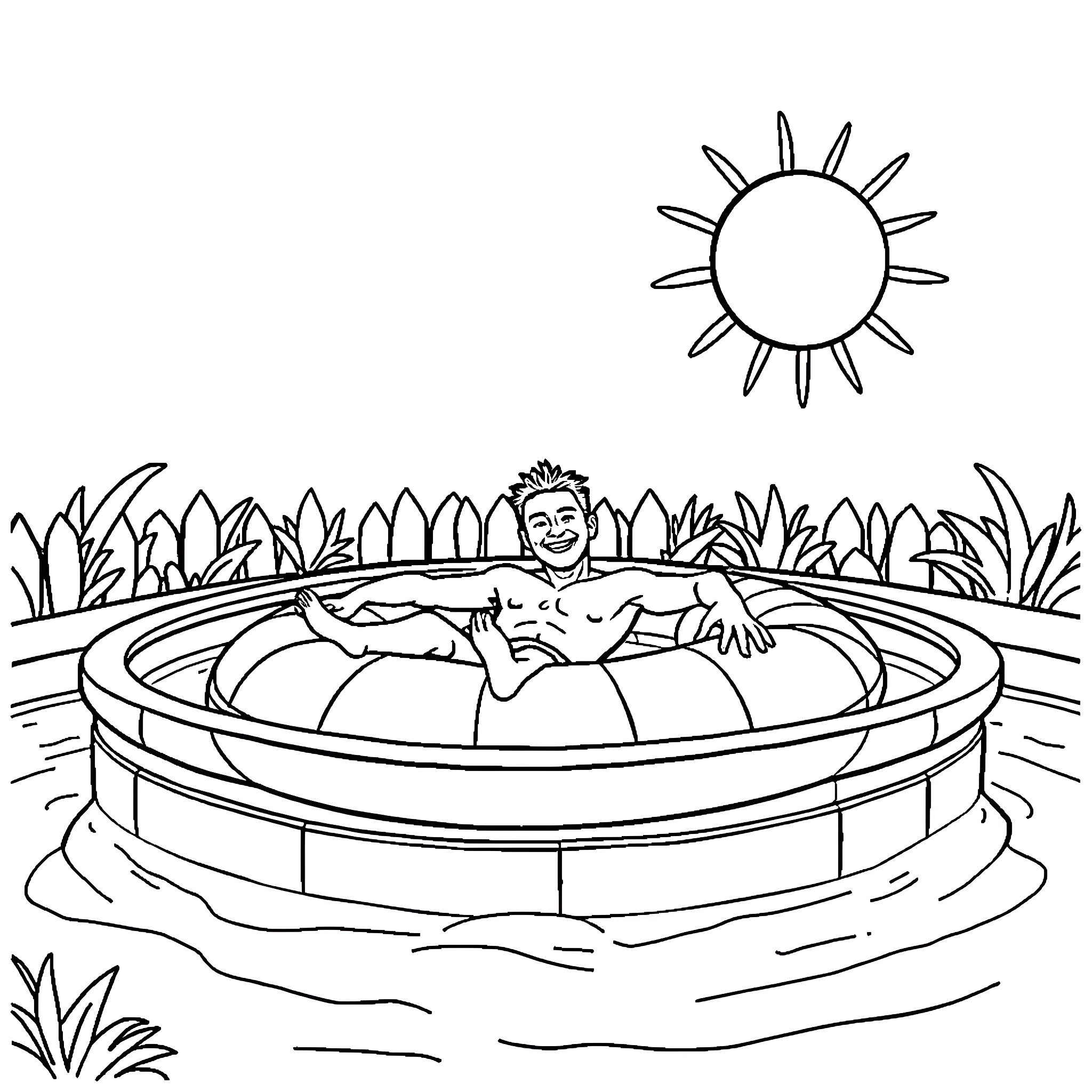 Man relaxing in pool under the sun Coloring Page (free black-and-white line drawing printable PDF for all, from beginners to advanced learners, including children, teens, adults, and seniors)