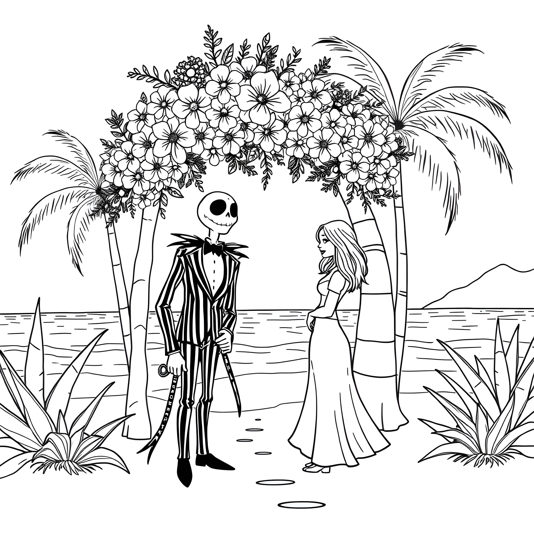 Beetlejuice's tropical wedding scene with bride Coloring Page (free black-and-white line drawing printable PDF for all, from beginners to advanced learners, including children, teens, adults, and seniors)
