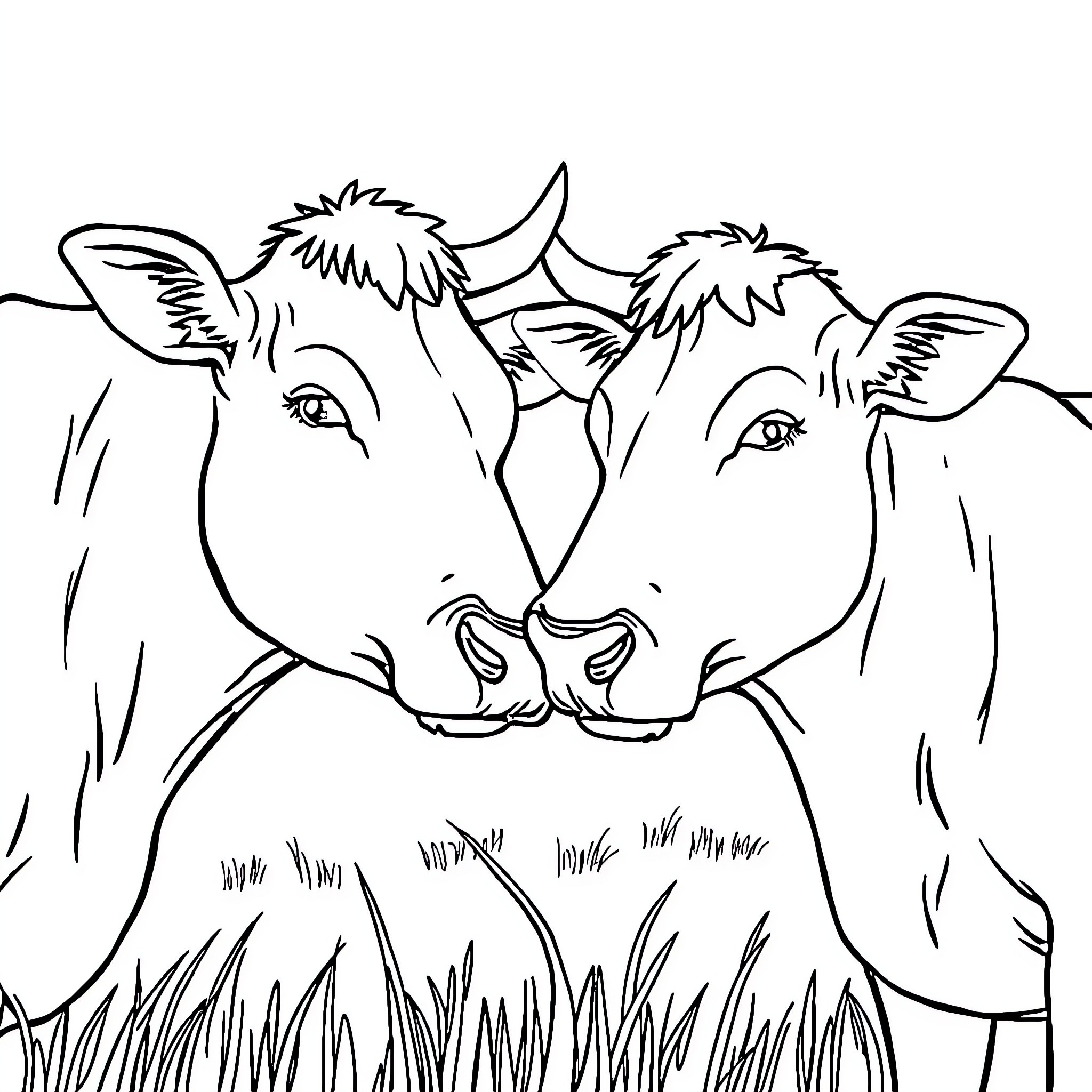 Cow pair grazing peacefully in the meadow Coloring Page (free black-and-white line drawing printable PDF for all, from beginners to advanced learners, including children, teens, adults, and seniors)