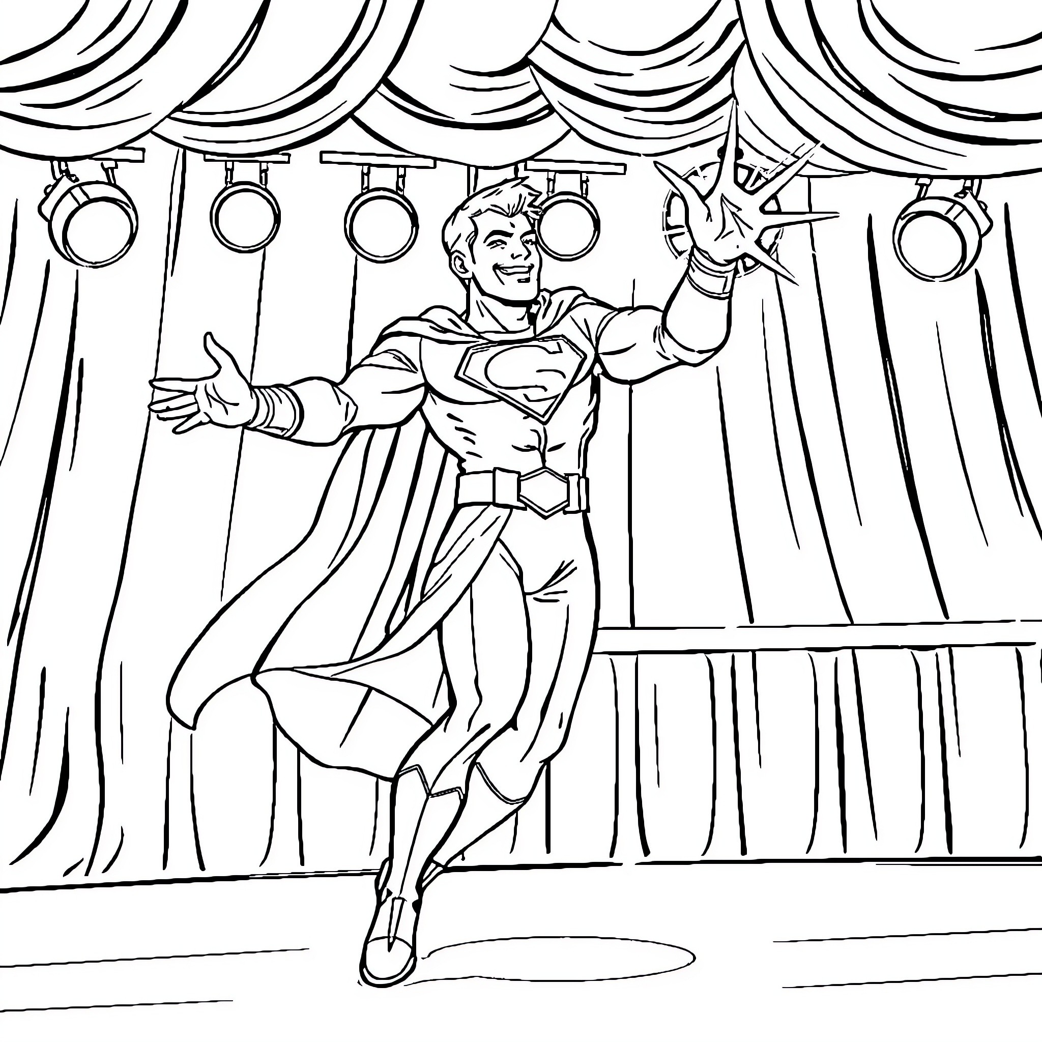 Superman Heroically Posing on Stage Coloring Page (free black-and-white line drawing printable PDF for all, from beginners to advanced learners, including children, teens, adults, and seniors)