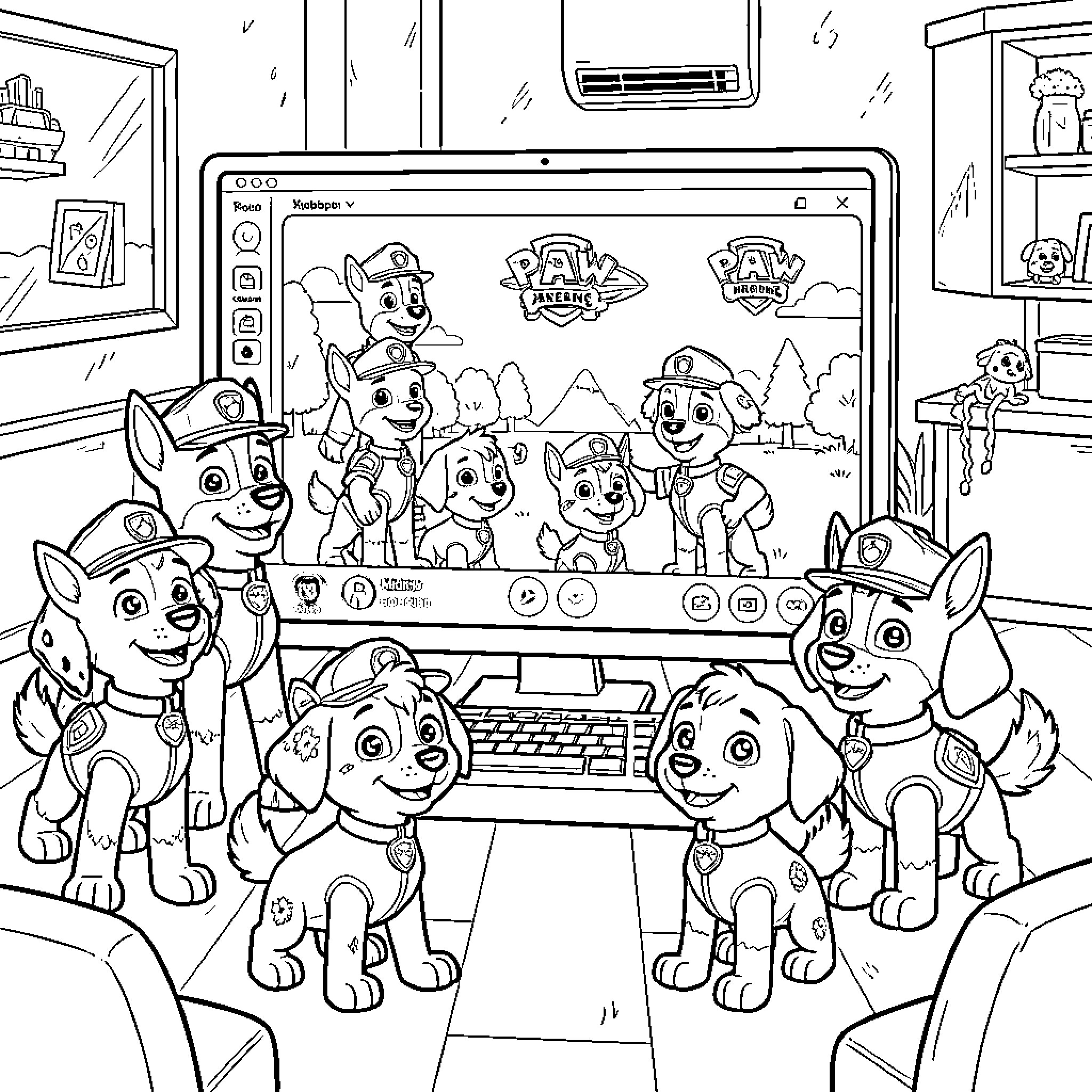 Paw Patrol characters watching themselves on a computer screen Coloring Page (free black-and-white line drawing printable PDF for all, from beginners to advanced learners, including children, teens, adults, and seniors)