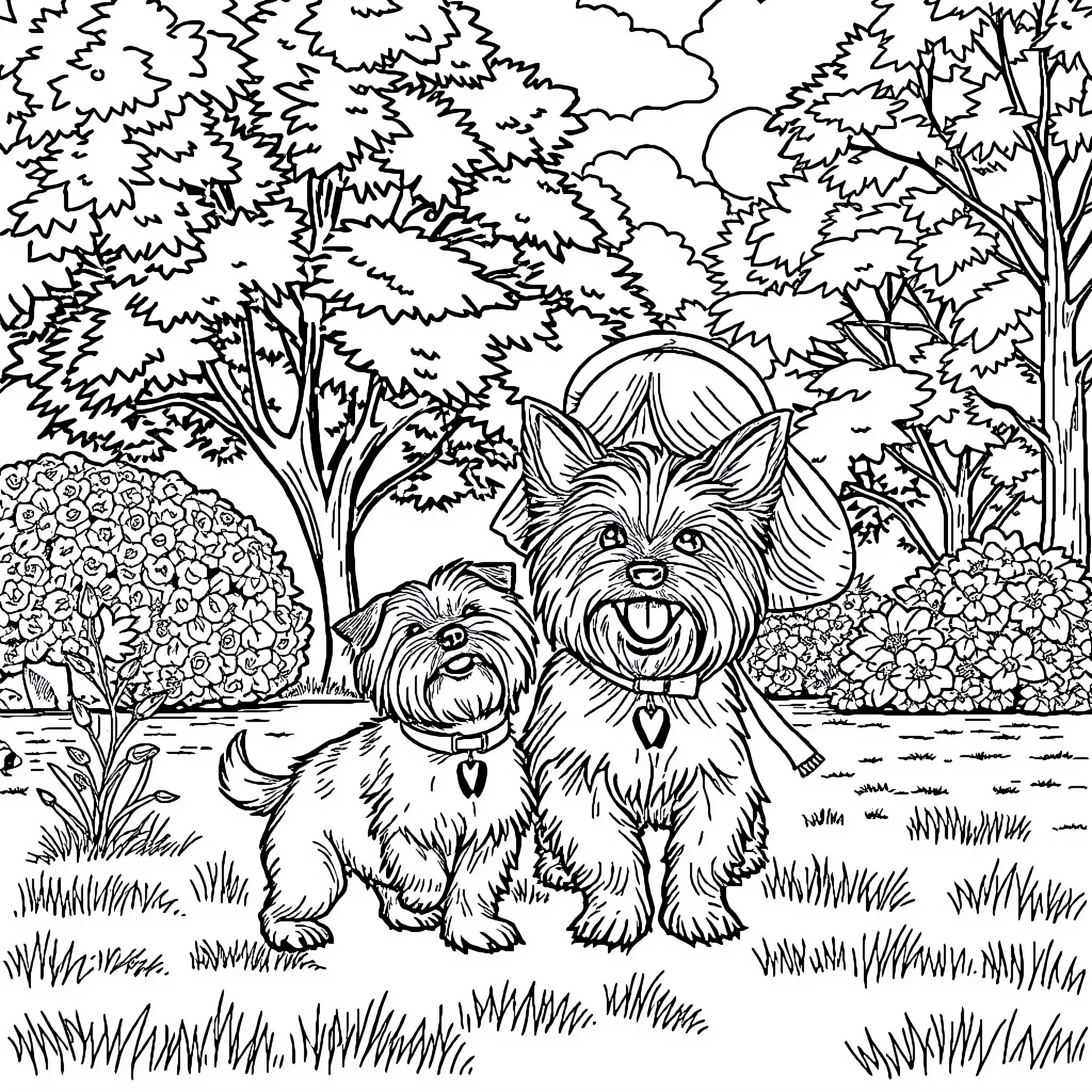 Dog friends playing happily in the park Coloring Page (free black-and-white line drawing printable PDF for all, from beginners to advanced learners, including children, teens, adults, and seniors)