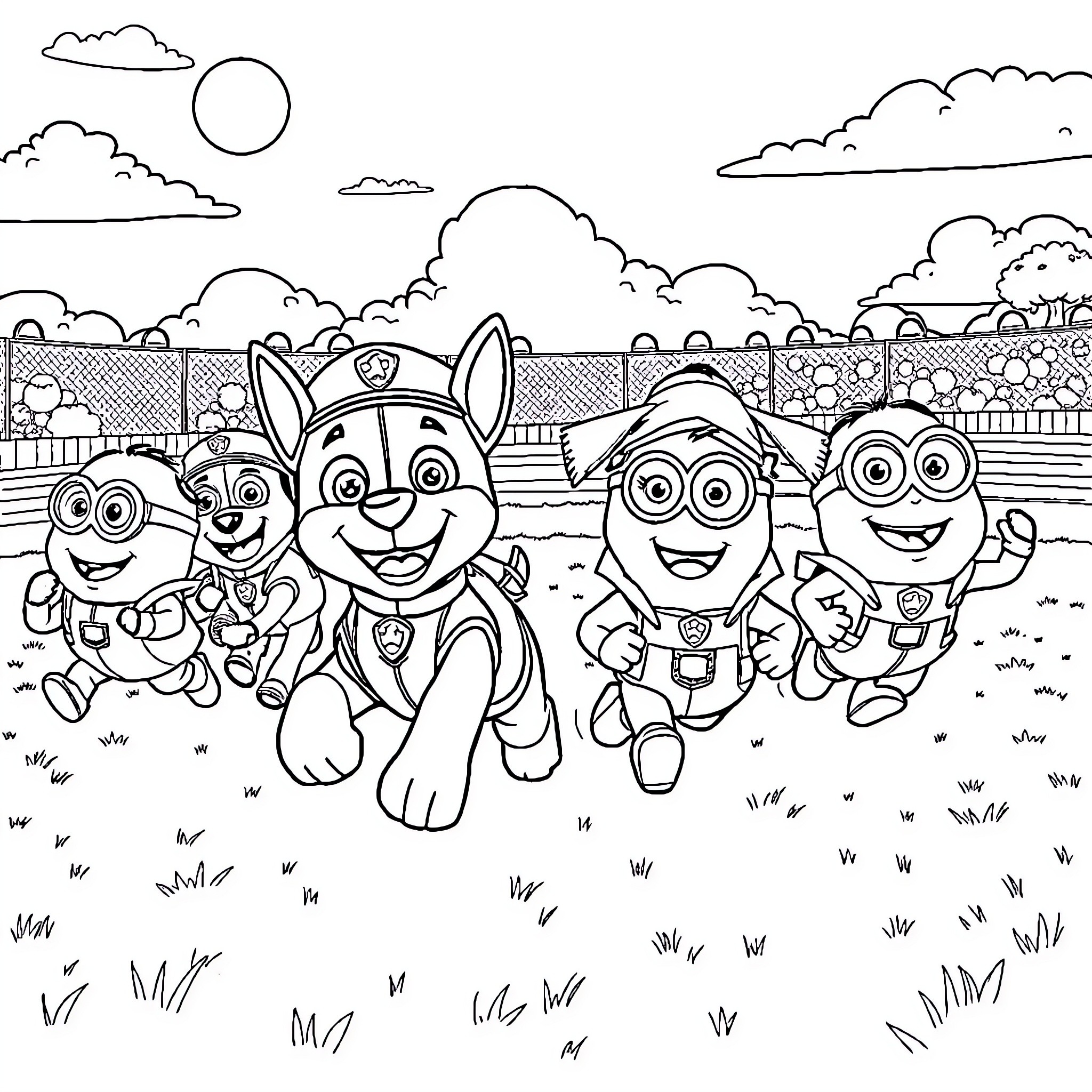 Paw Patrol characters on a sunny day adventure Coloring Page (free black-and-white line drawing printable PDF for all, from beginners to advanced learners, including children, teens, adults, and seniors)