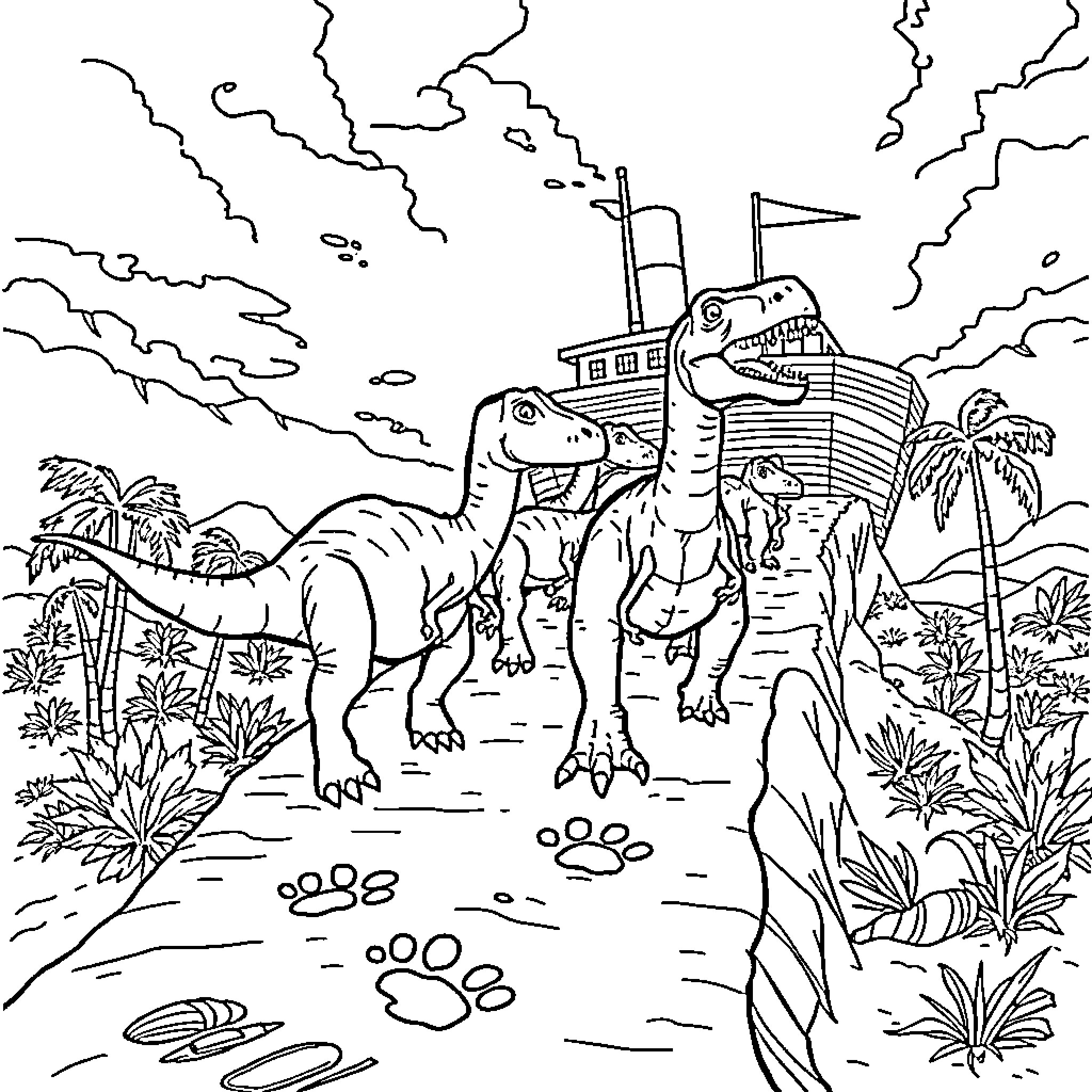 Dinosaurs exploring mysterious island landscape Coloring Page (free black-and-white line drawing printable PDF for all, from beginners to advanced learners, including children, teens, adults, and seniors)