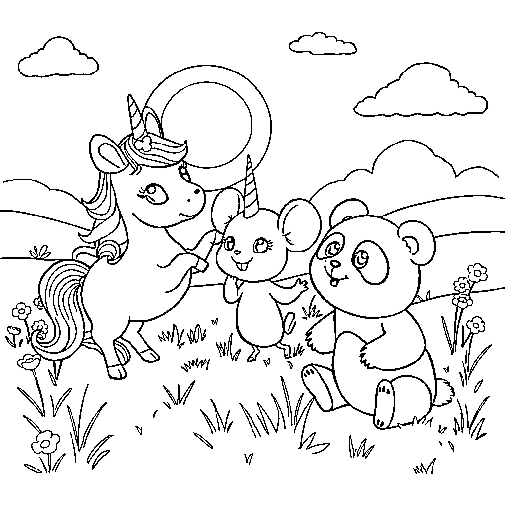 Mouse unicorn and panda friends in magical meadow Coloring Page (free black-and-white line drawing printable PDF for all, from beginners to advanced learners, including children, teens, adults, and seniors)