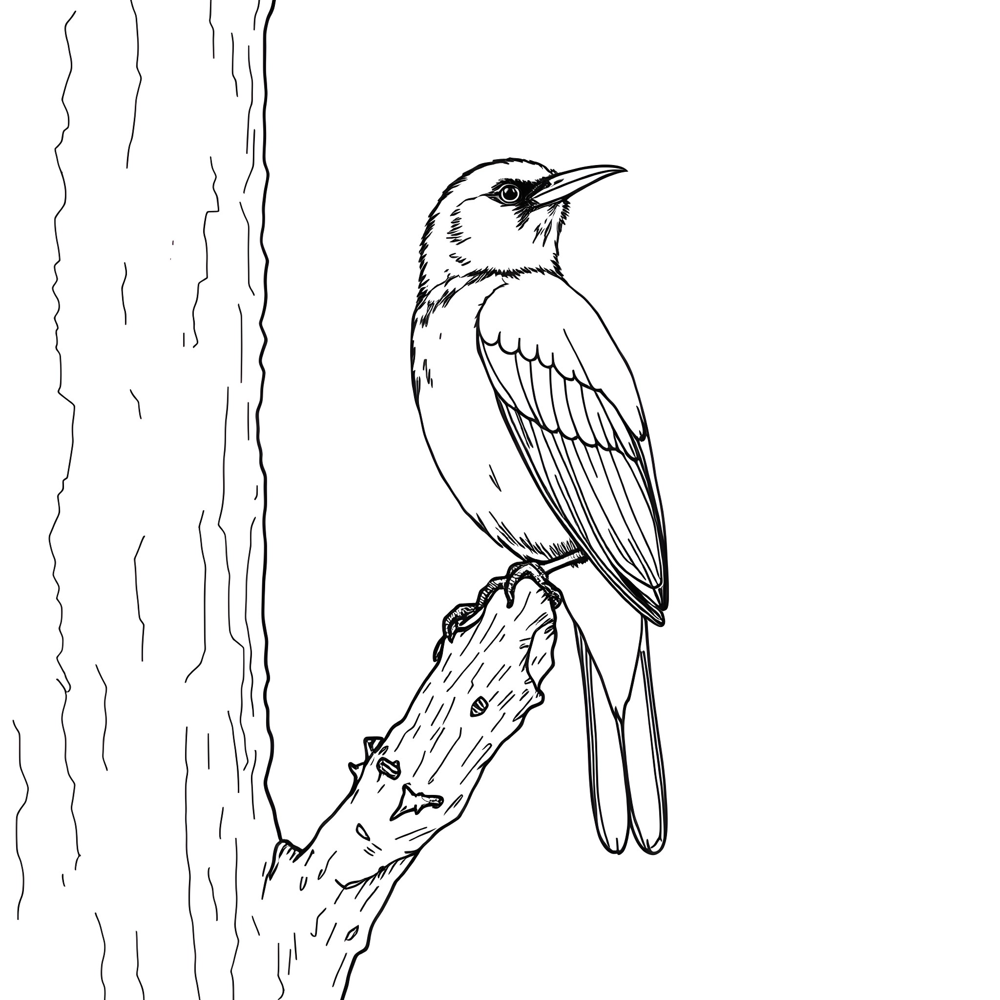 Oriole perched on tree branch Coloring Page (free black-and-white line drawing printable PDF for all, from beginners to advanced learners, including children, teens, adults, and seniors)