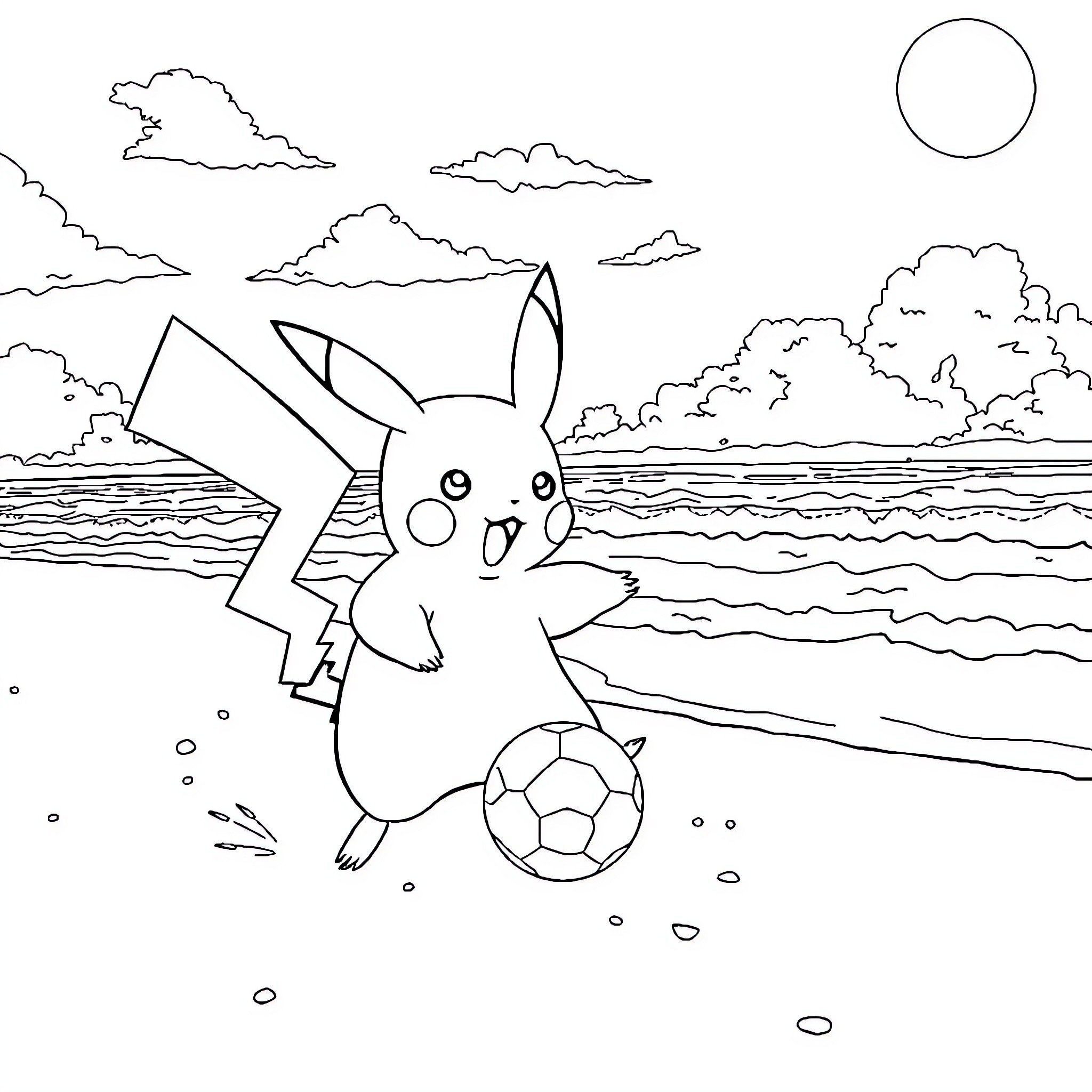 Pikachu playing with a soccer ball on the beach Coloring Page (free black-and-white line drawing printable PDF for all, from beginners to advanced learners, including children, teens, adults, and seniors)