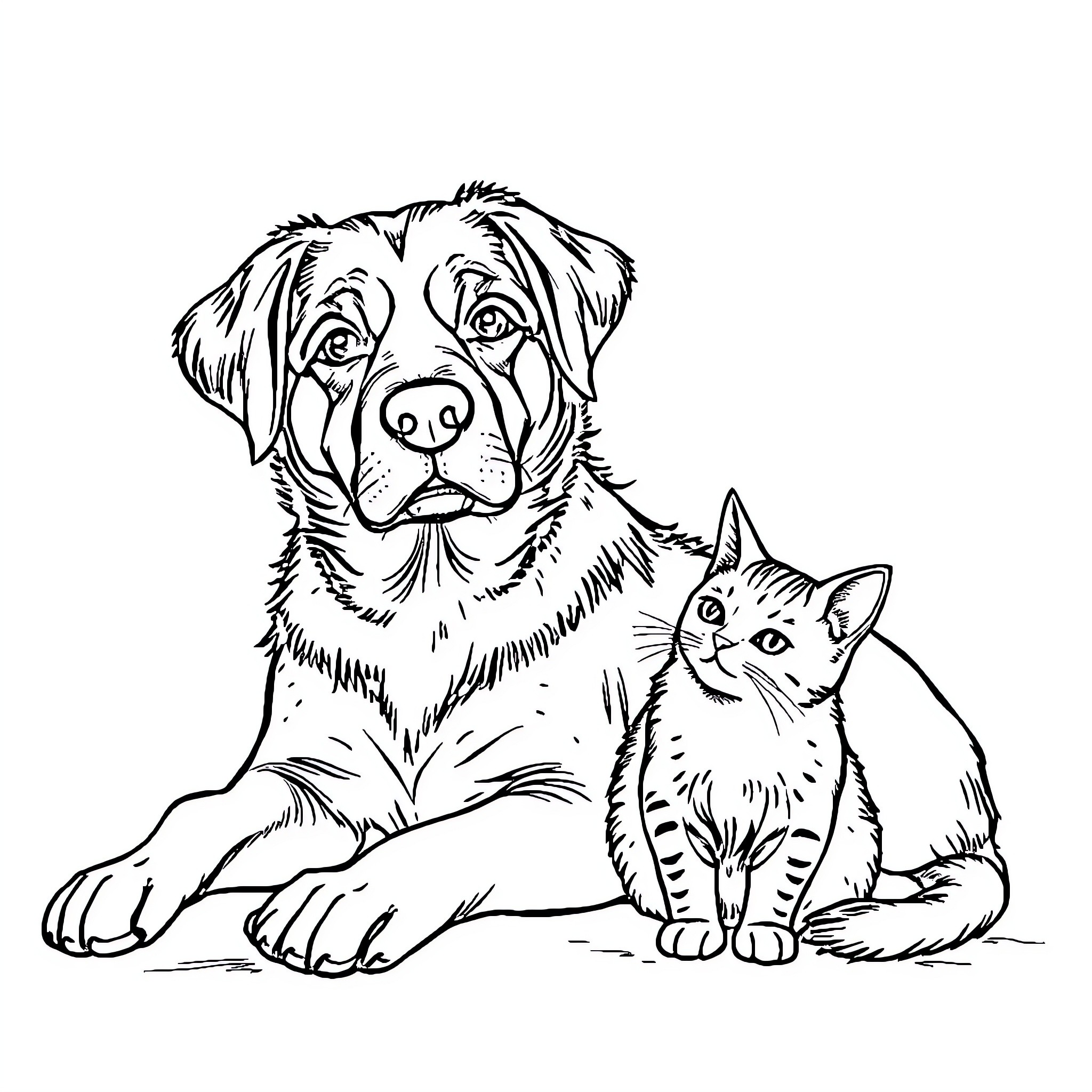 Dog and Cat Resting Together Coloring Page (free black-and-white line drawing printable PDF for all, from beginners to advanced learners, including children, teens, adults, and seniors)