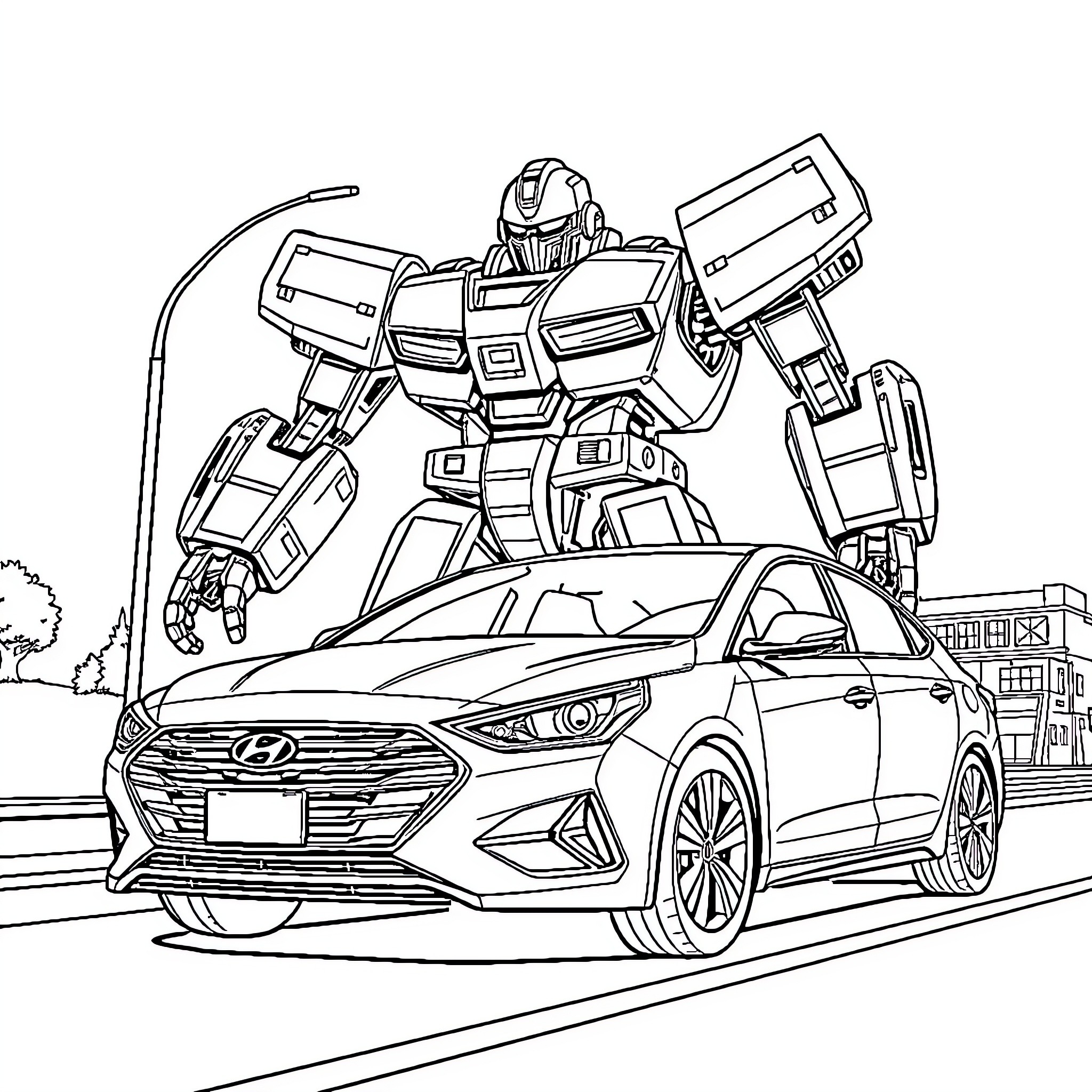 Transformer robot standing on a modern car Coloring Page (free black-and-white line drawing printable PDF for all, from beginners to advanced learners, including children, teens, adults, and seniors)