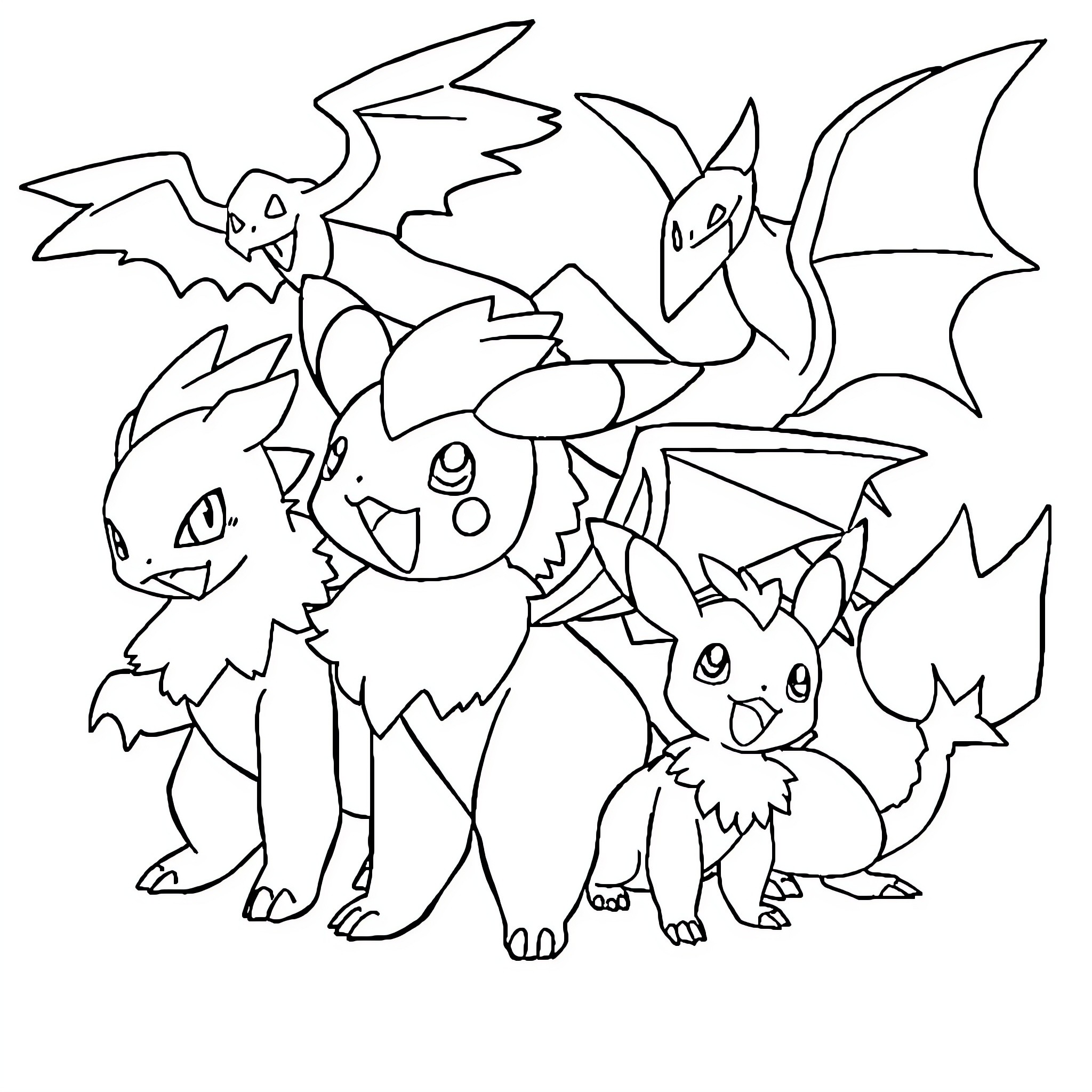 Pokémon Friends Gather in Playful Scene Coloring Page (free black-and-white line drawing printable PDF for all, from beginners to advanced learners, including children, teens, adults, and seniors)