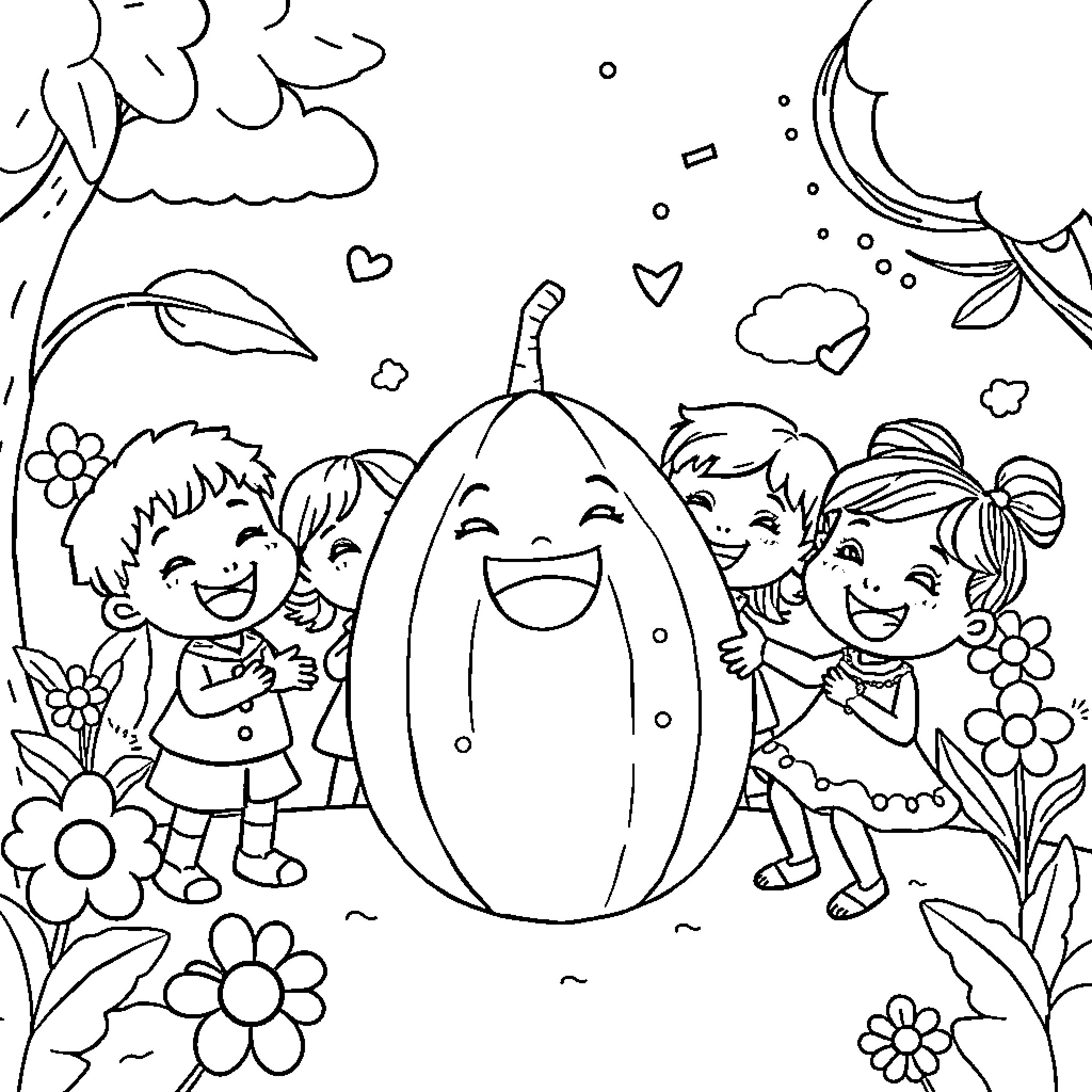 Cocomelon Kids Playing with Giant Egg in Floral Meadow Coloring Page (free black-and-white line drawing printable PDF for all, from beginners to advanced learners, including children, teens, adults, and seniors)