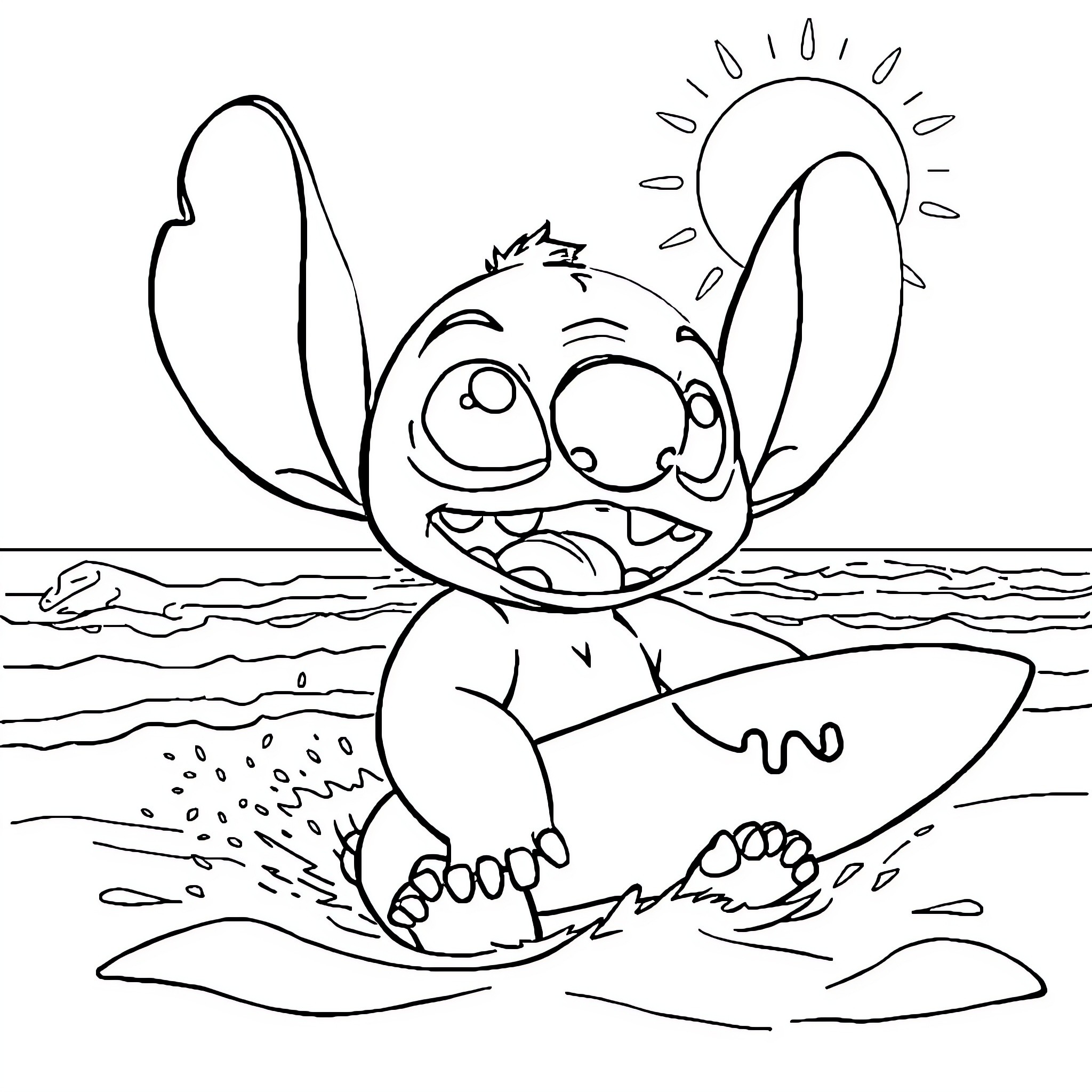 Stitch playing joyfully on the beach Coloring Page (free black-and-white line drawing printable PDF for all, from beginners to advanced learners, including children, teens, adults, and seniors)