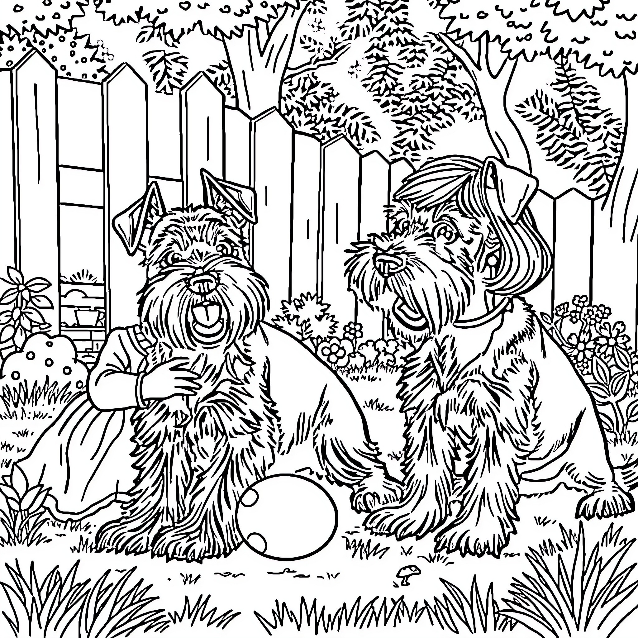 Schnauzer dogs playing in a lush garden Coloring Page (free black-and-white line drawing printable PDF for all, from beginners to advanced learners, including children, teens, adults, and seniors)