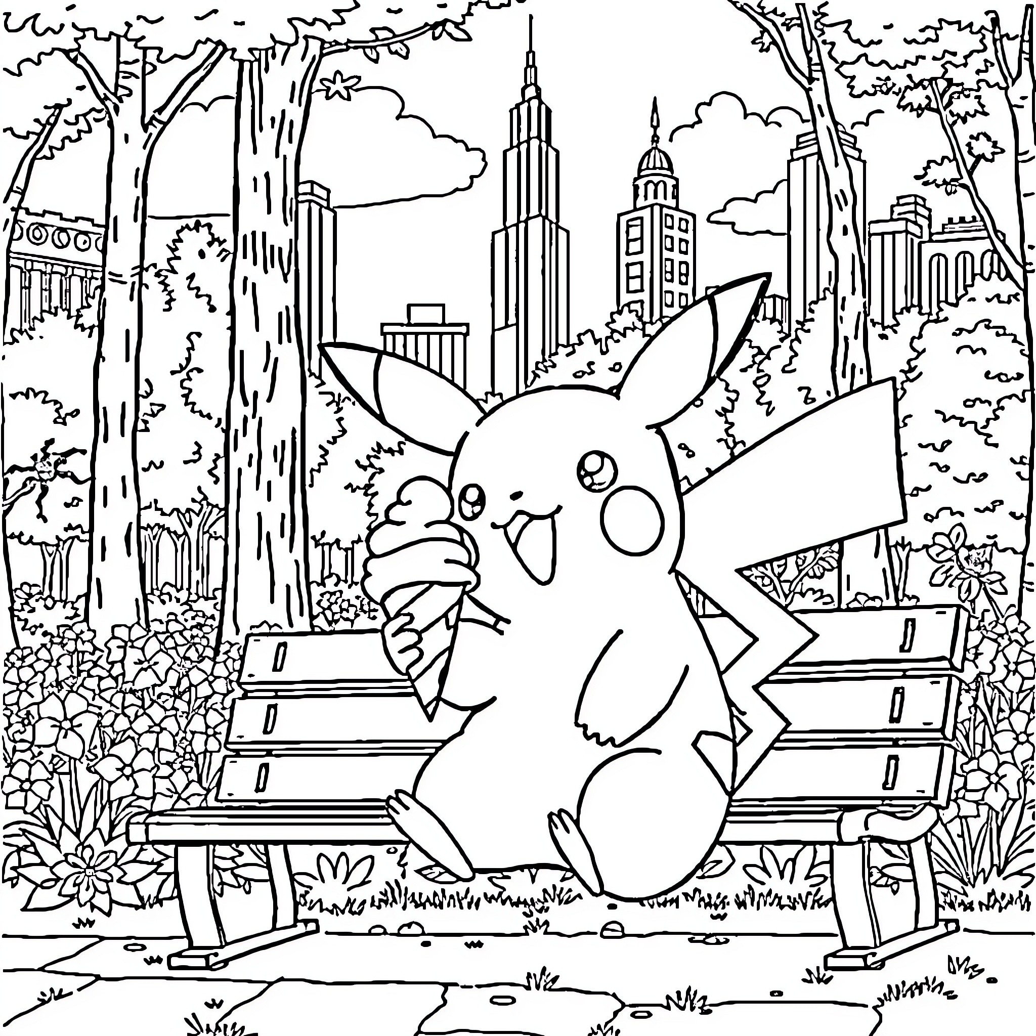 Pikachu enjoying the city sights and nature Coloring Page (free black-and-white line drawing printable PDF for all, from beginners to advanced learners, including children, teens, adults, and seniors)