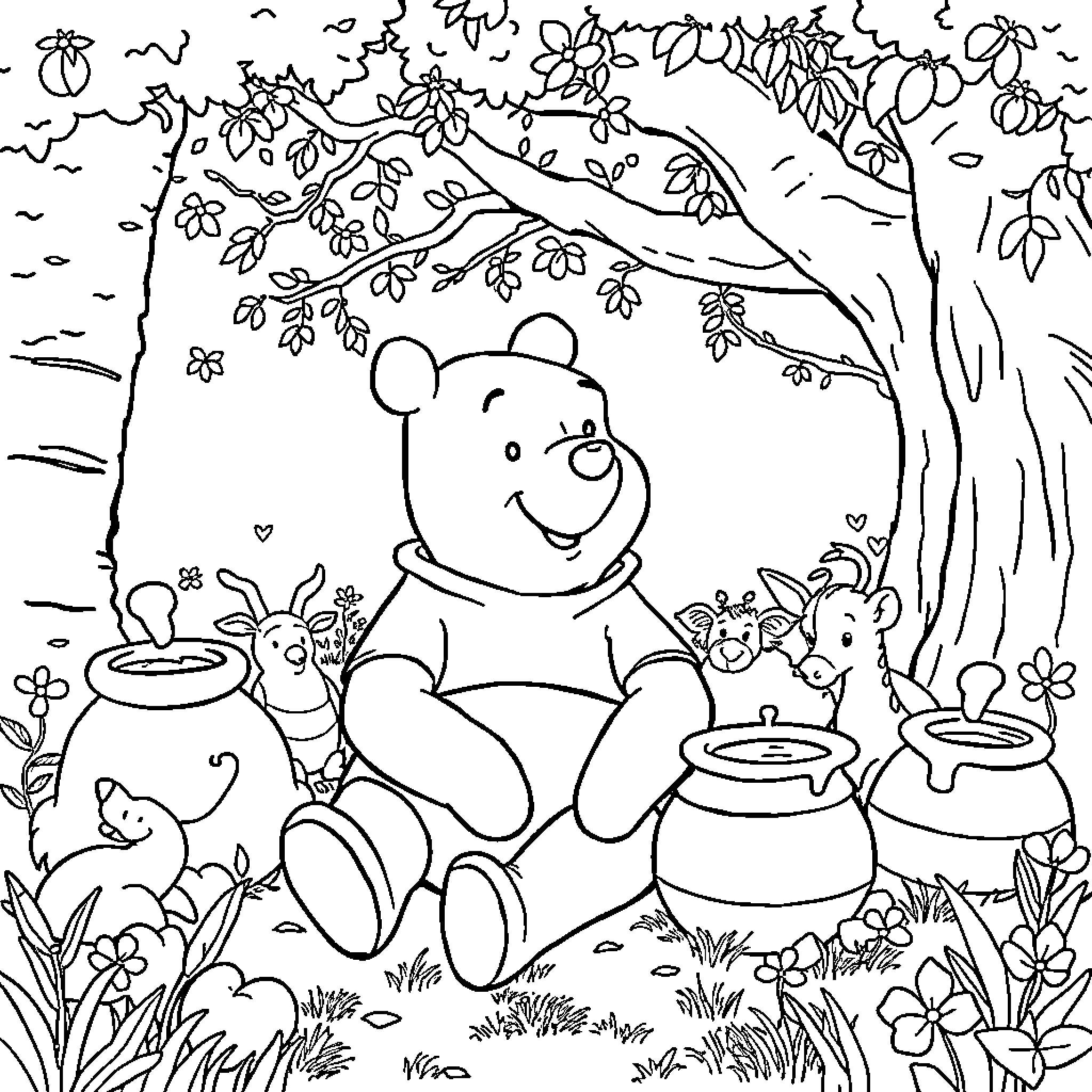 Winnie The Pooh enjoying a picnic in the meadow Coloring Page (free black-and-white line drawing printable PDF for all, from beginners to advanced learners, including children, teens, adults, and seniors)