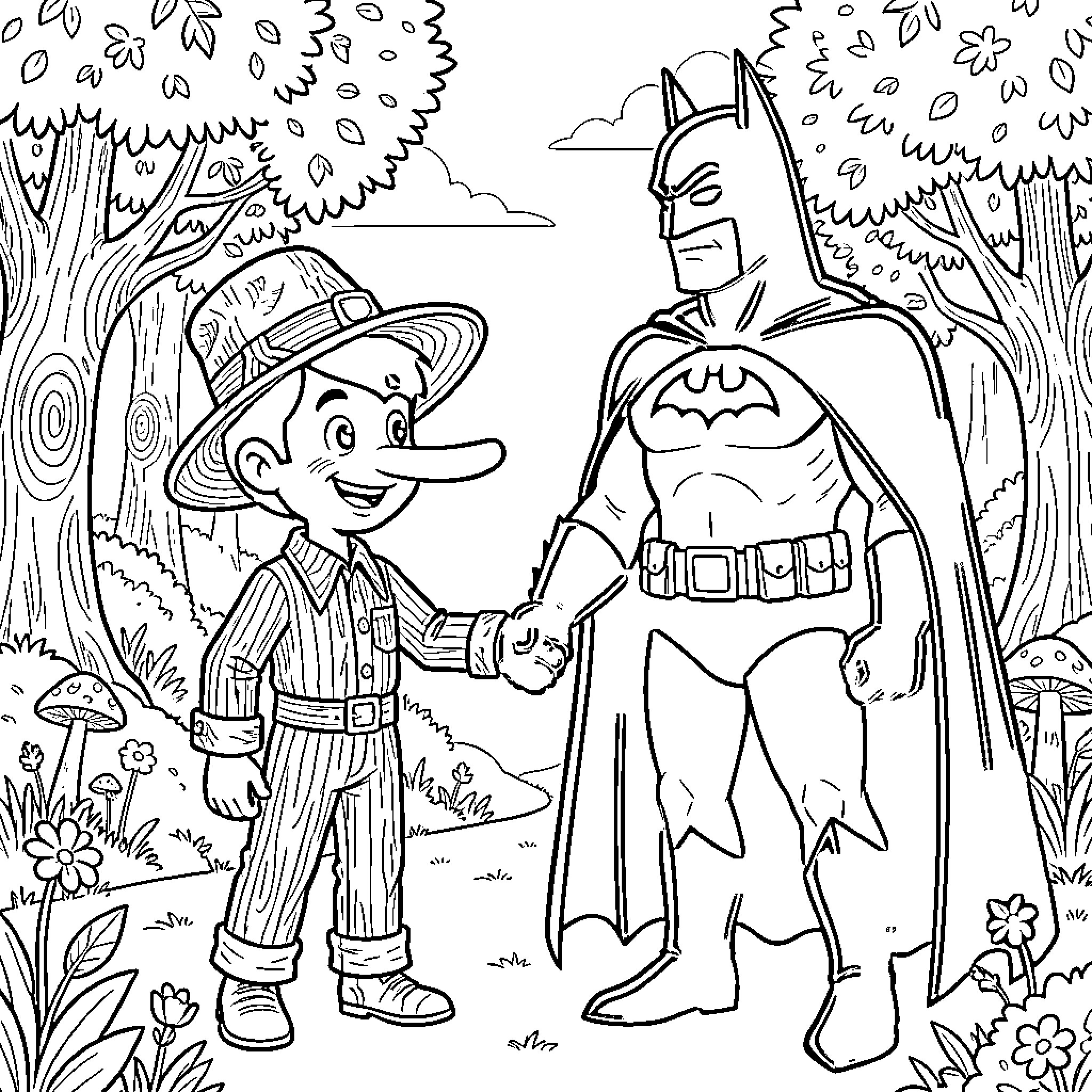 Pinocho and Batman in the forest Coloring Page (free black-and-white line drawing printable PDF for all, from beginners to advanced learners, including children, teens, adults, and seniors)