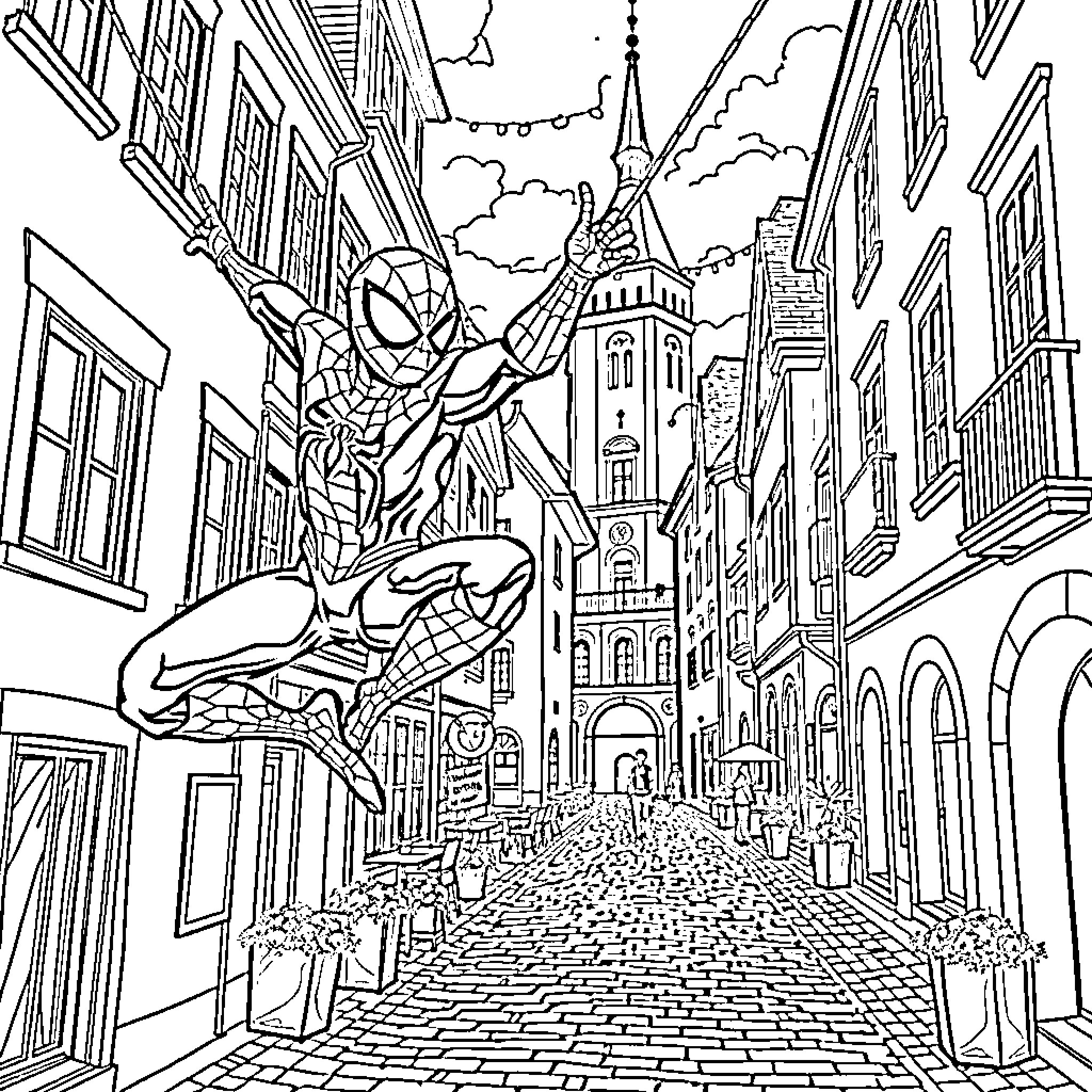 Spidey Swinging Through a Lively City Landscape Coloring Page (free black-and-white line drawing printable PDF for all, from beginners to advanced learners, including children, teens, adults, and seniors)