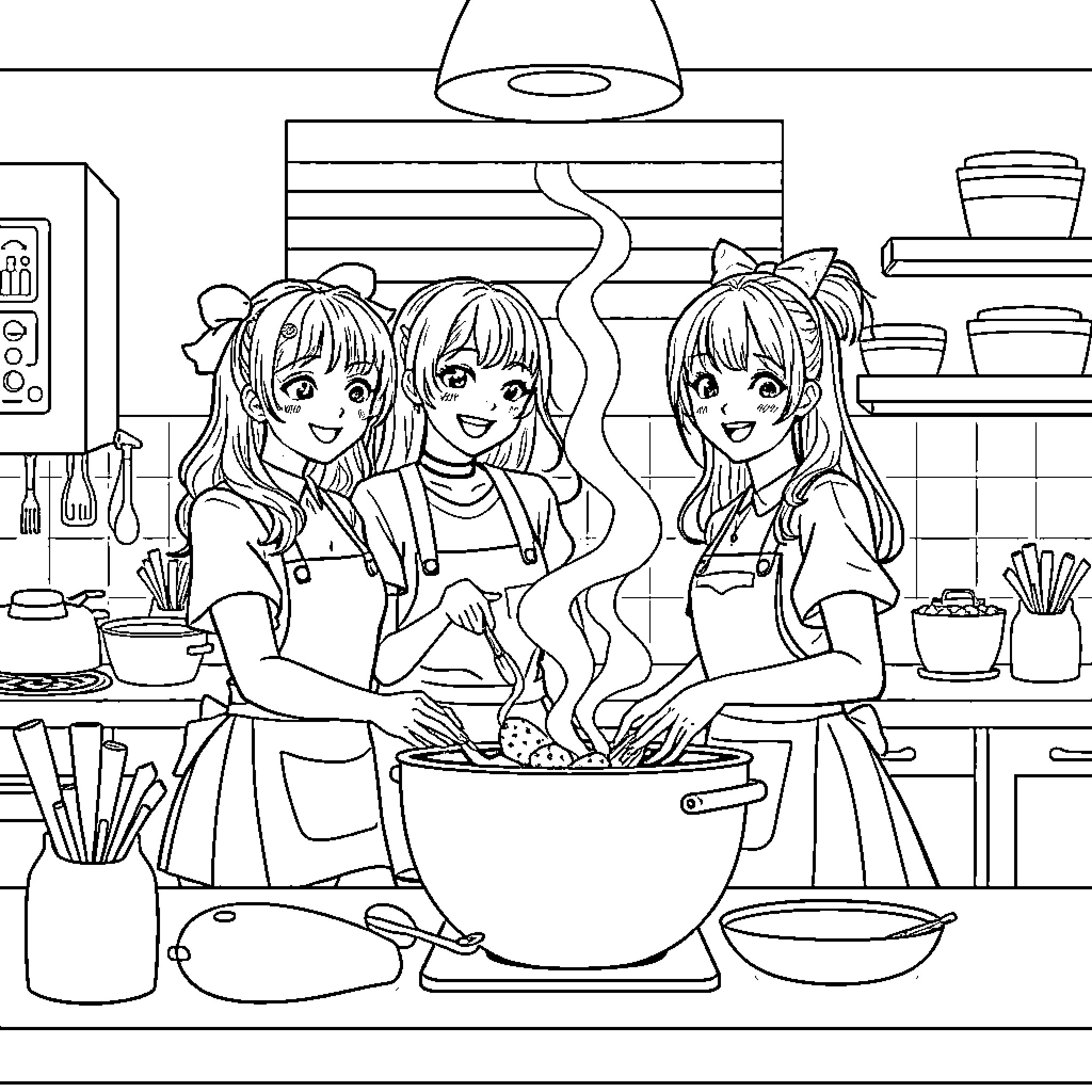 Kpop Girls Cooking Together in the Kitchen Coloring Page (free black-and-white line drawing printable PDF for all, from beginners to advanced learners, including children, teens, adults, and seniors)