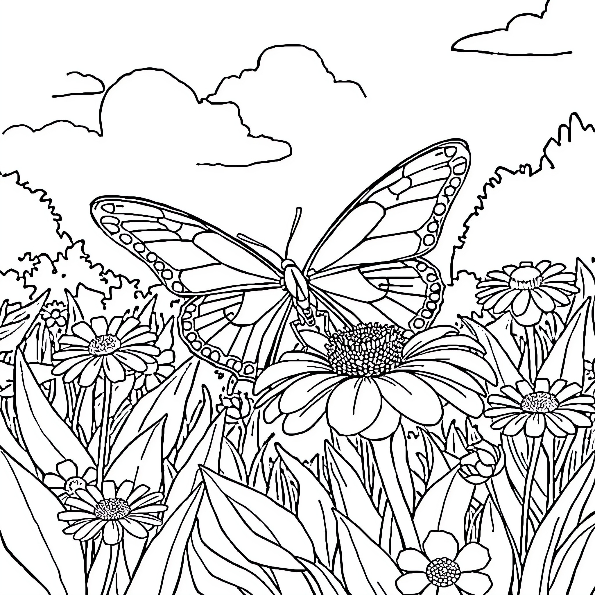 Butterfly among Flowers in the Garden Coloring Page (free black-and-white line drawing printable PDF for all, from beginners to advanced learners, including children, teens, adults, and seniors)