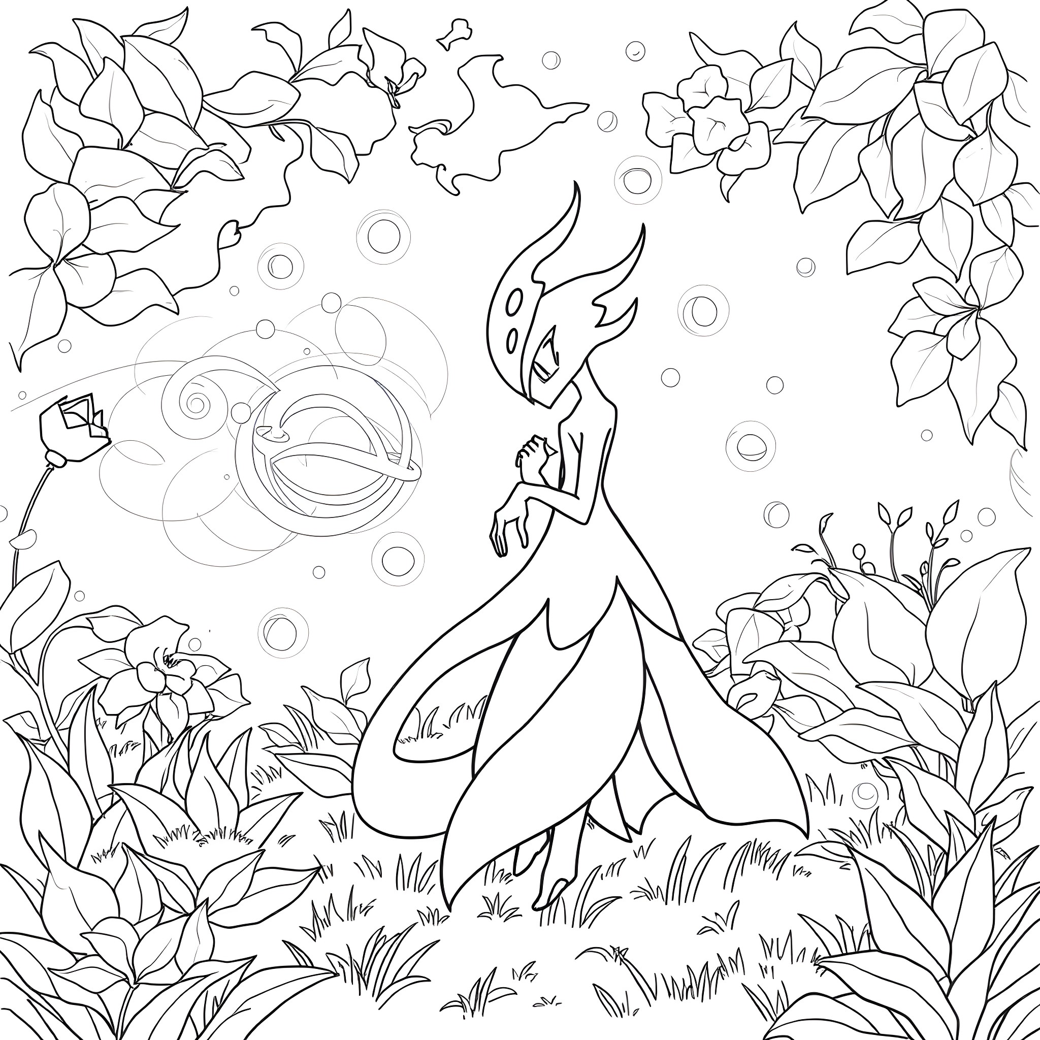 Gardevoir dancing gracefully in a floral garden Coloring Page (free black-and-white line drawing printable PDF for all, from beginners to advanced learners, including children, teens, adults, and seniors)