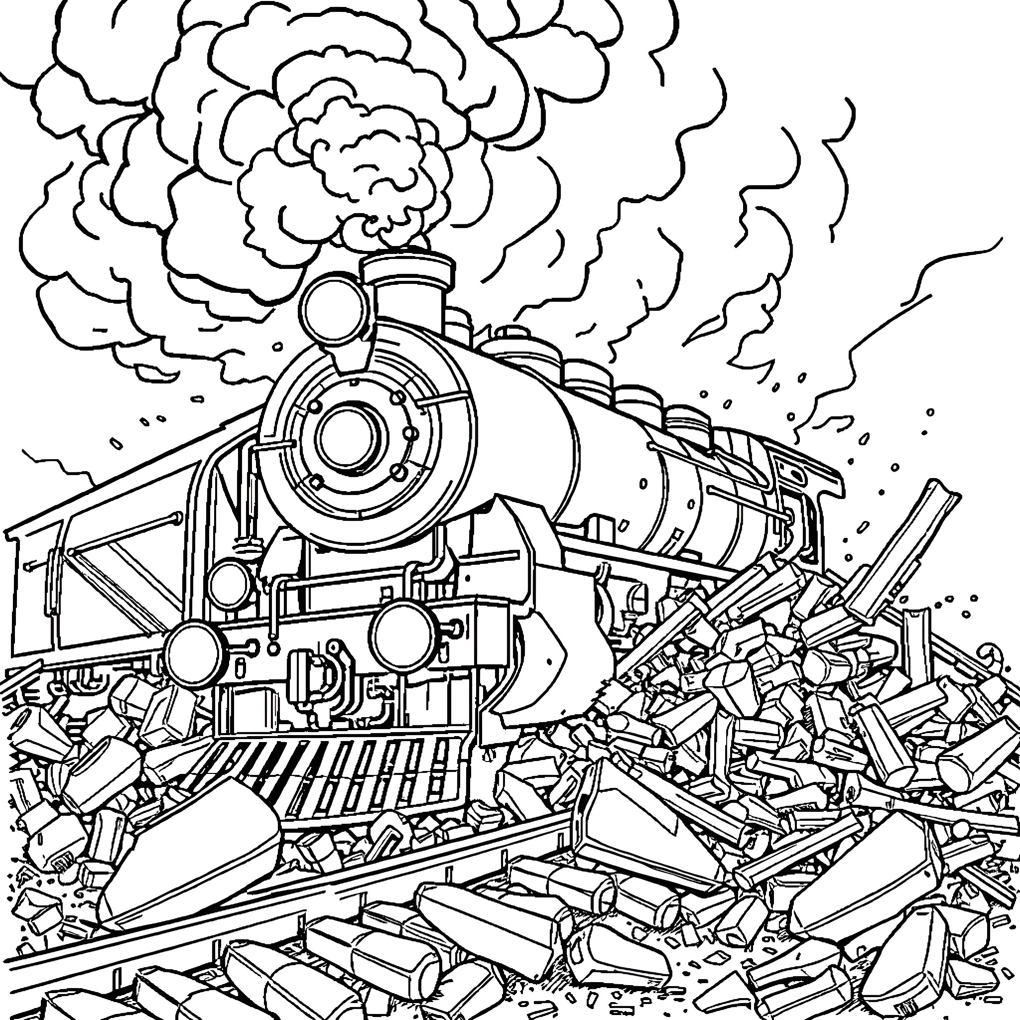 Steam Train Charging Through Debris and Wreckage Coloring Page (free black-and-white line drawing printable PDF for all, from beginners to advanced learners, including children, teens, adults, and seniors)