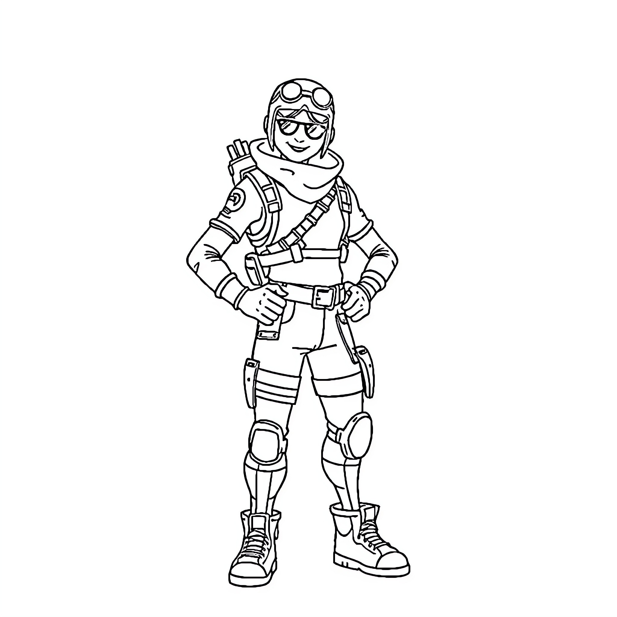Fortnite Character in Adventurous Pose Coloring Page (free black-and-white line drawing printable PDF for all, from beginners to advanced learners, including children, teens, adults, and seniors)