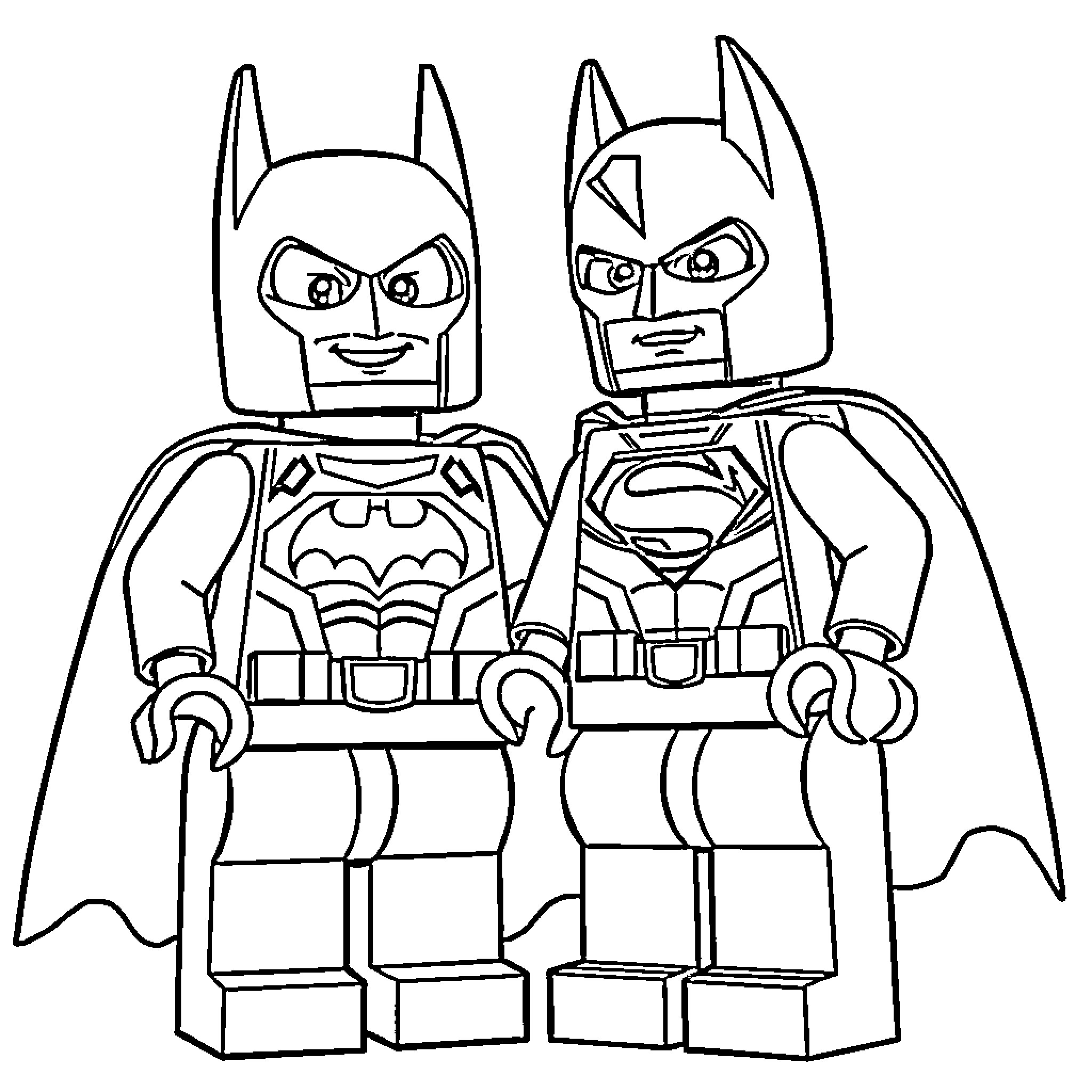Lego superheroes in action poses Coloring Page (free black-and-white line drawing printable PDF for all, from beginners to advanced learners, including children, teens, adults, and seniors)