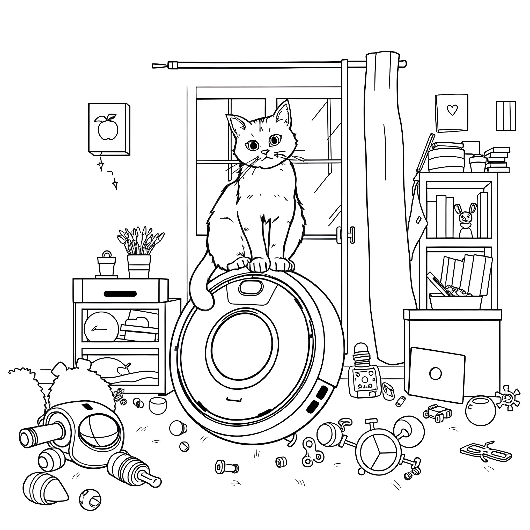 Cat in a messy room with various objects Coloring Page (free black-and-white line drawing printable PDF for all, from beginners to advanced learners, including children, teens, adults, and seniors)