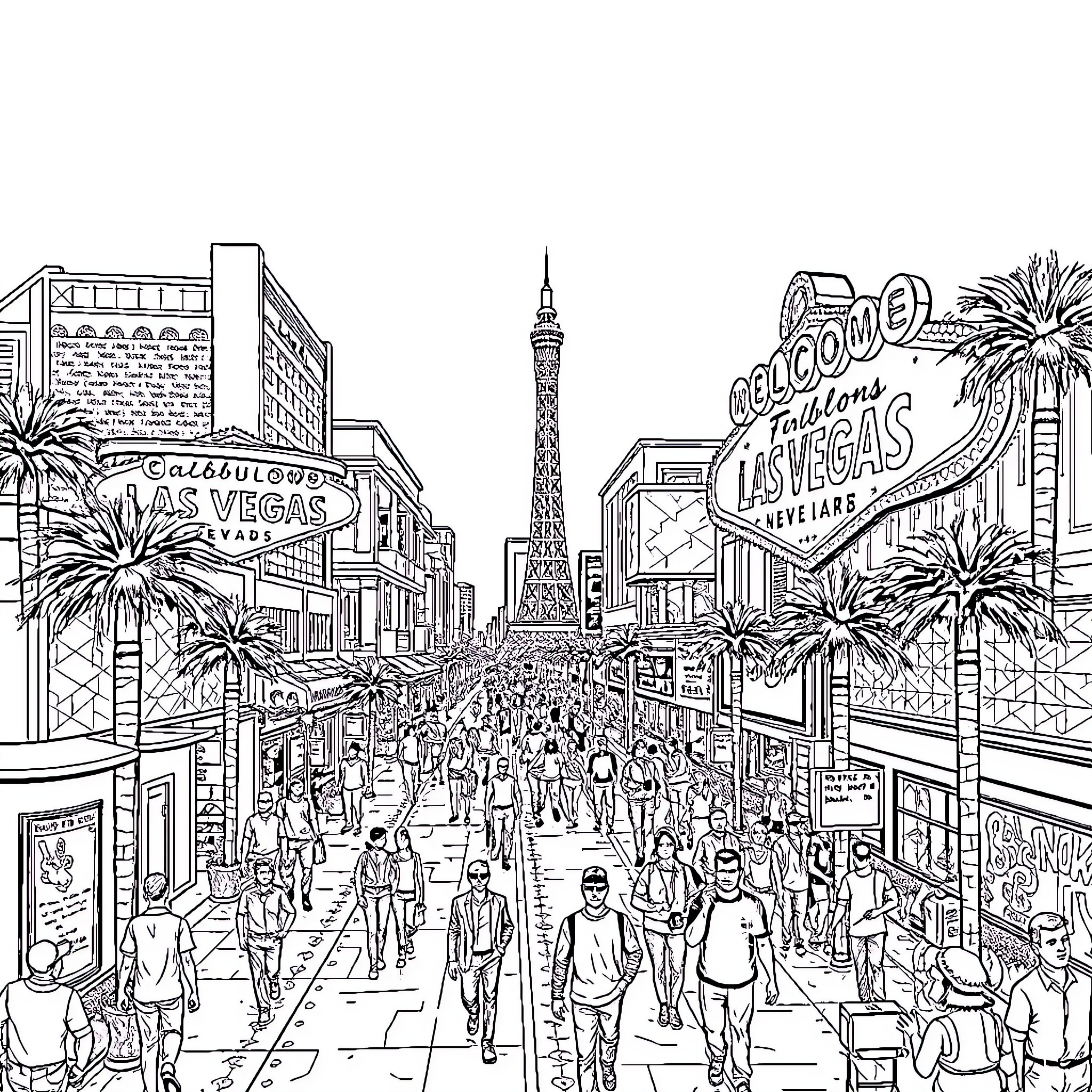 Las Vegas Cityscape with Bustling Crowds and Iconic Sights Coloring Page (free black-and-white line drawing printable PDF for all, from beginners to advanced learners, including children, teens, adults, and seniors)