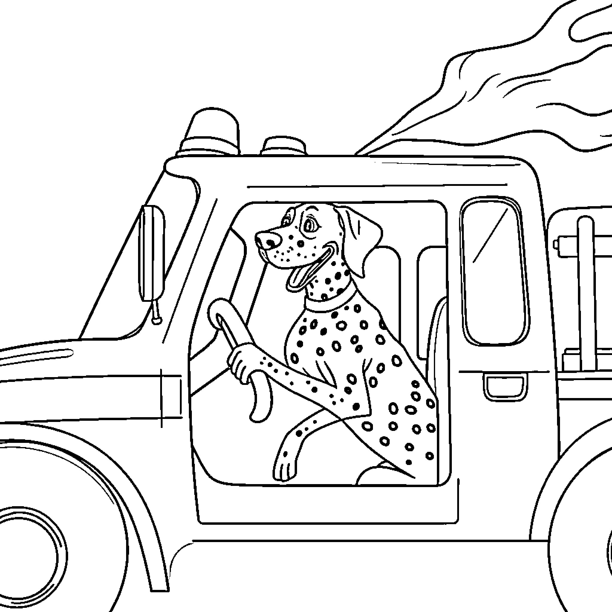 German Shorthaired Pointer riding a fire truck Coloring Page (free black-and-white line drawing printable PDF for all, from beginners to advanced learners, including children, teens, adults, and seniors)