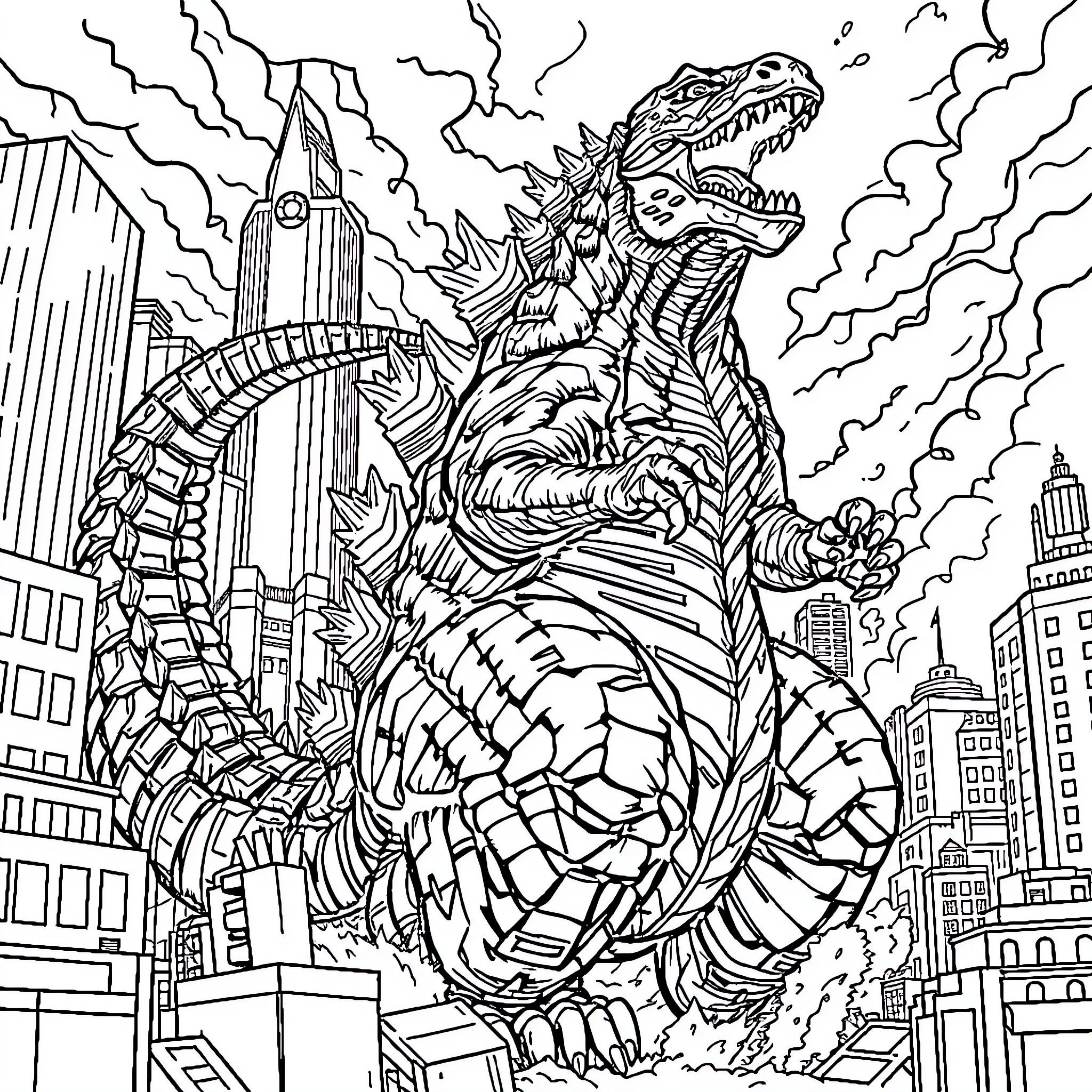 Godzilla unleashes destruction upon the city Coloring Page (free black-and-white line drawing printable PDF for all, from beginners to advanced learners, including children, teens, adults, and seniors)