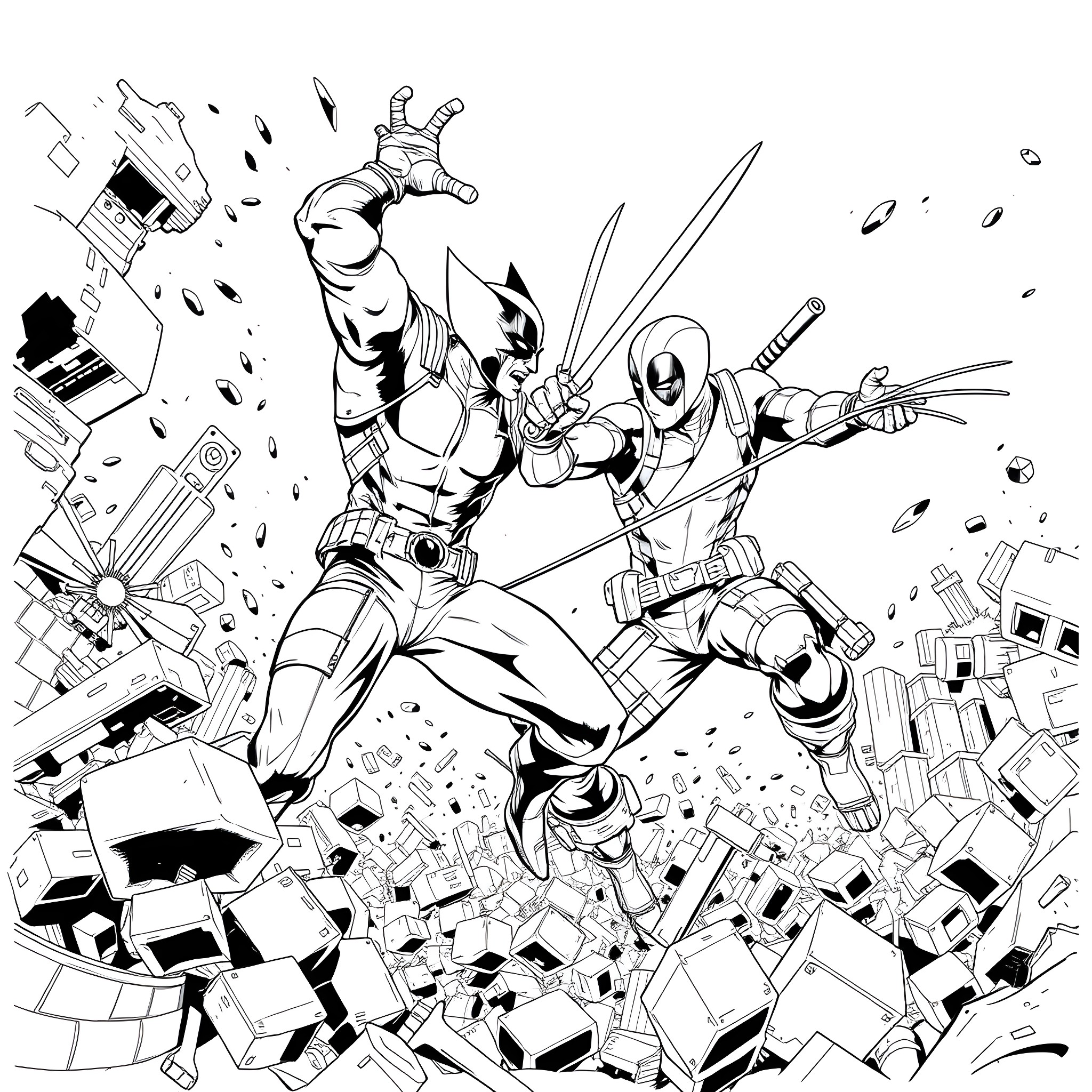 Wolverine clashing with enemies in an intense battle Coloring Page (free black-and-white line drawing printable PDF for all, from beginners to advanced learners, including children, teens, adults, and seniors)