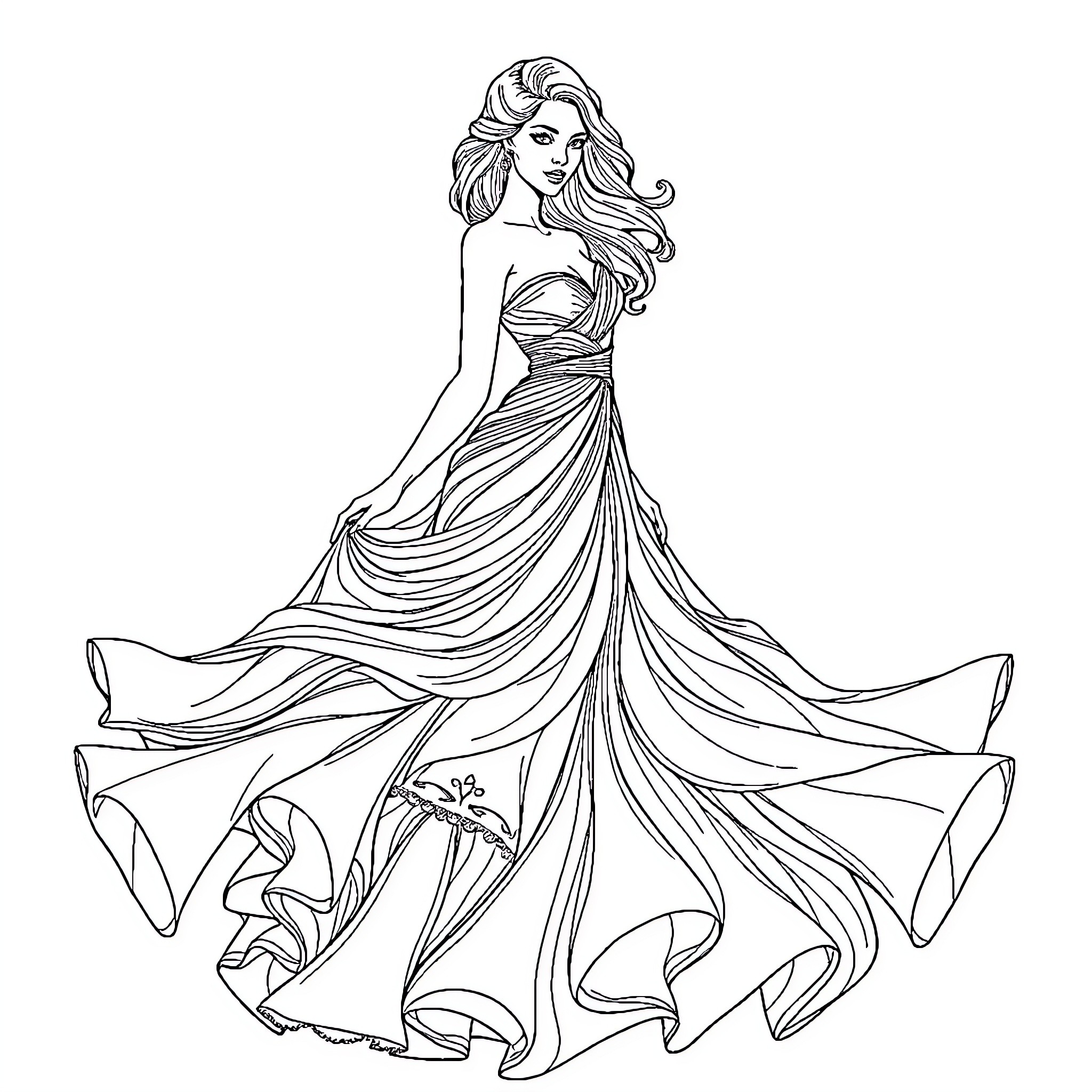 Lady in Elegant Flowing Gown Coloring Page (free black-and-white line drawing printable PDF for all, from beginners to advanced learners, including children, teens, adults, and seniors)